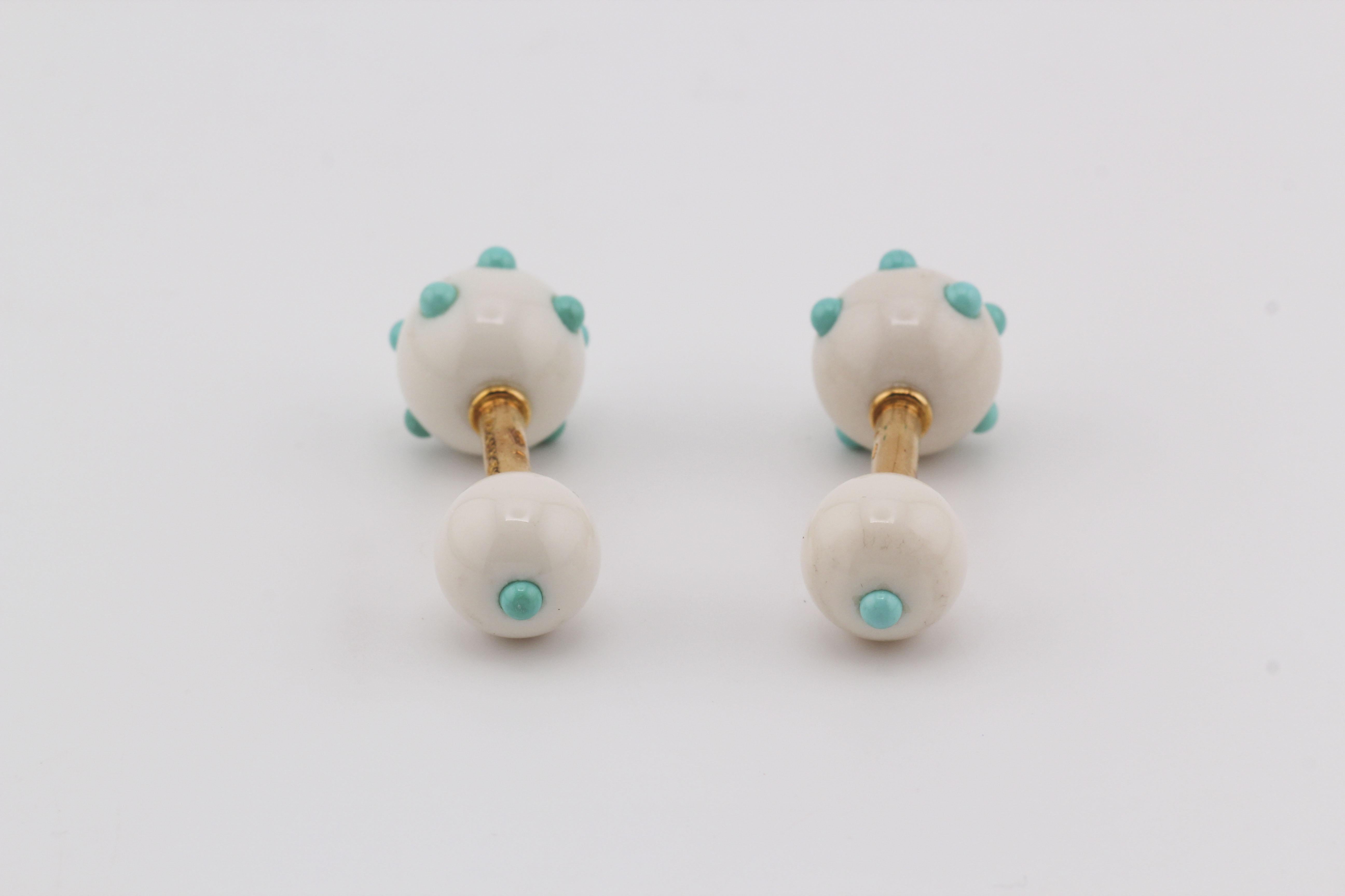 Round Cut Tiffany & Co. Schlumberger 18K Gold Turquoise Chalcedony Dumbbell Cufflinks For Sale