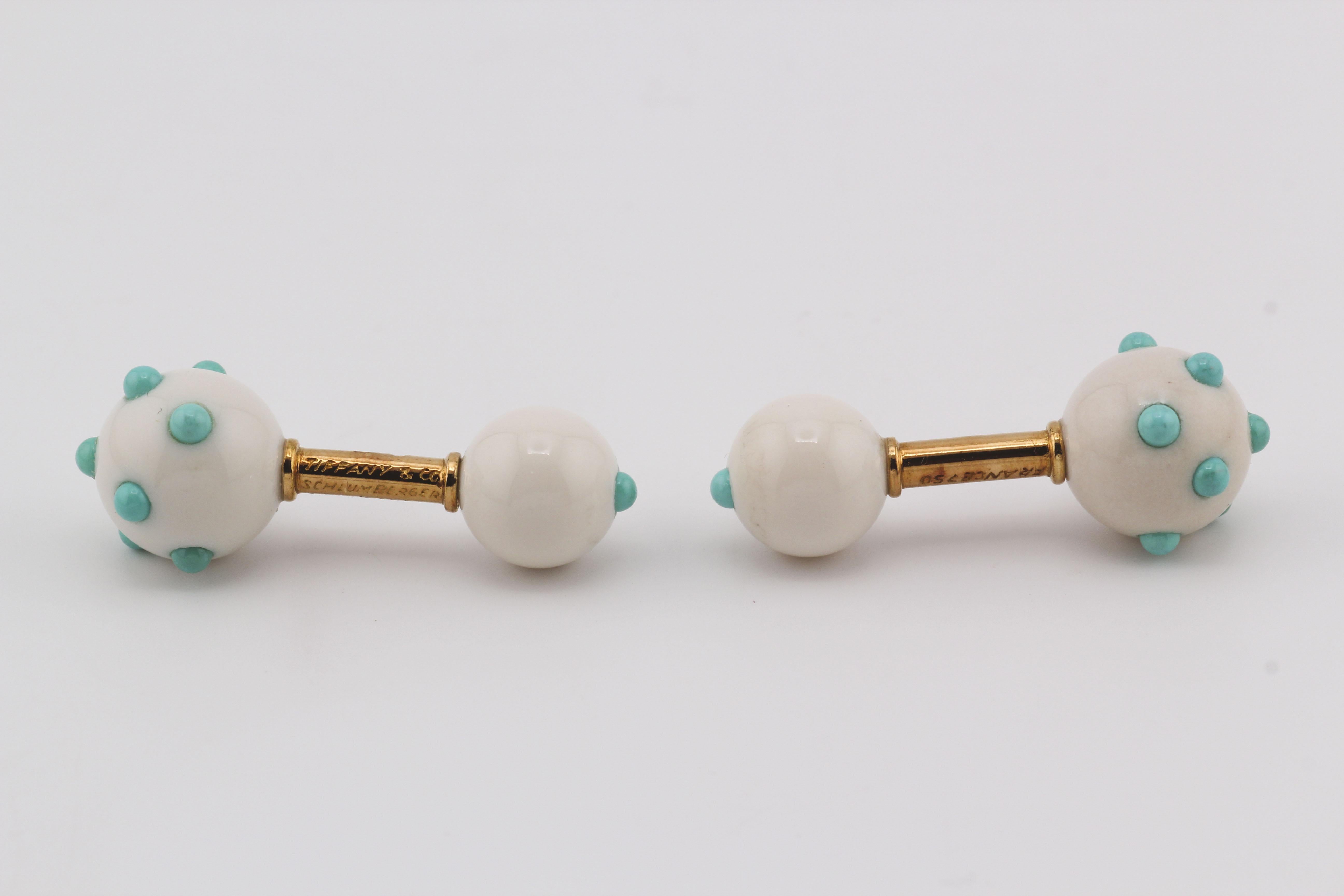Tiffany & Co. Schlumberger 18K Gold Turquoise Chalcedony Dumbbell Cufflinks In Good Condition For Sale In Simpsonville, SC