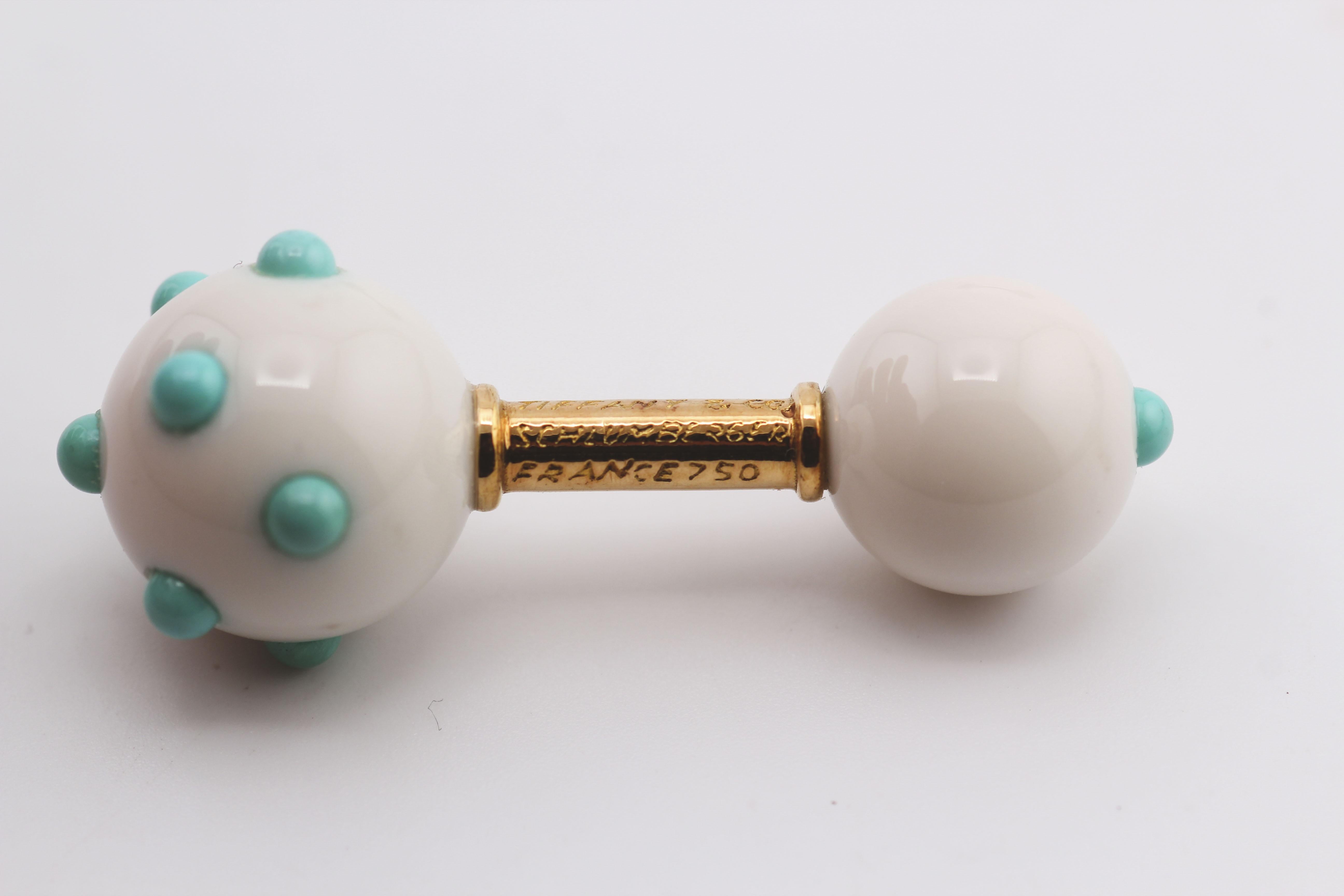 Tiffany & Co. Schlumberger 18K Gold Turquoise Chalcedony Dumbbell Cufflinks For Sale 1