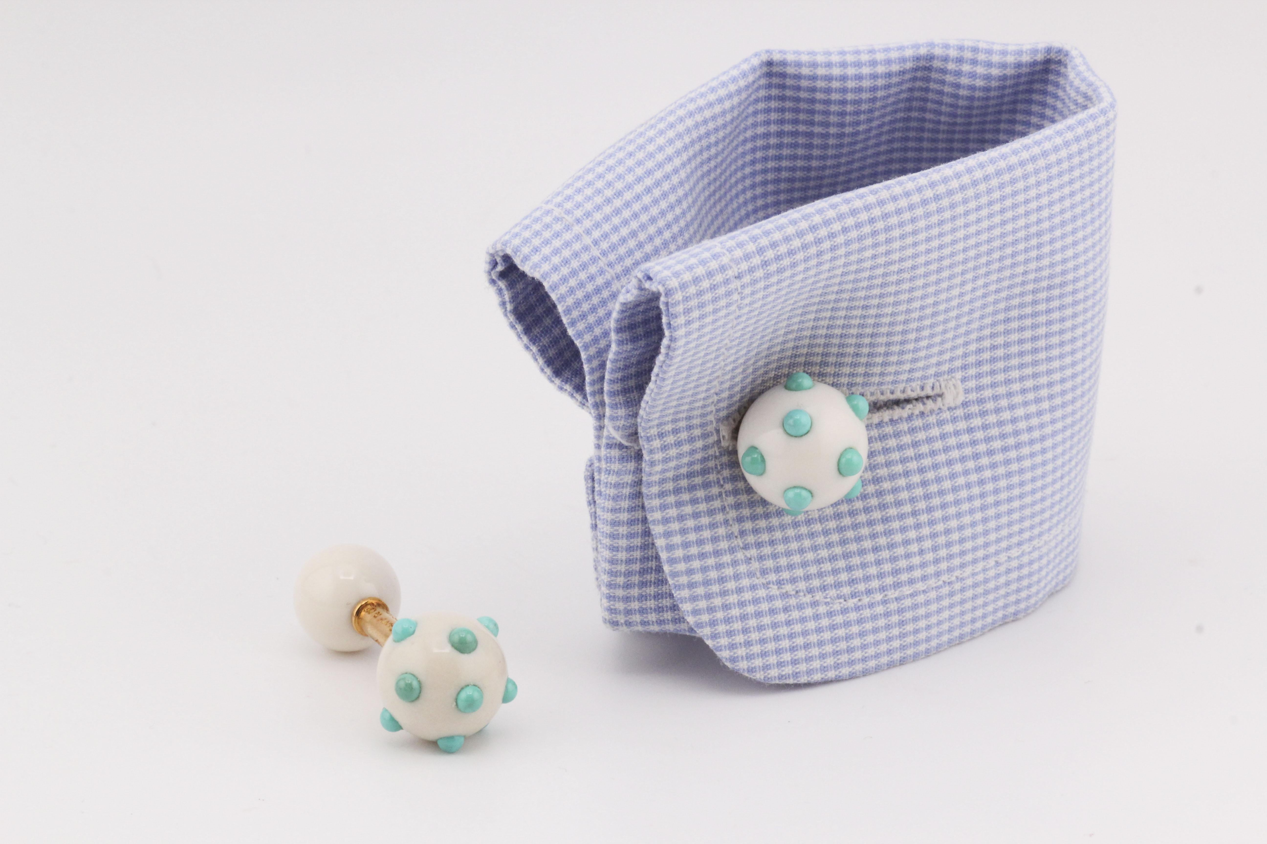 Tiffany & Co. Schlumberger 18K Gold Turquoise Chalcedony Dumbbell Cufflinks For Sale 3