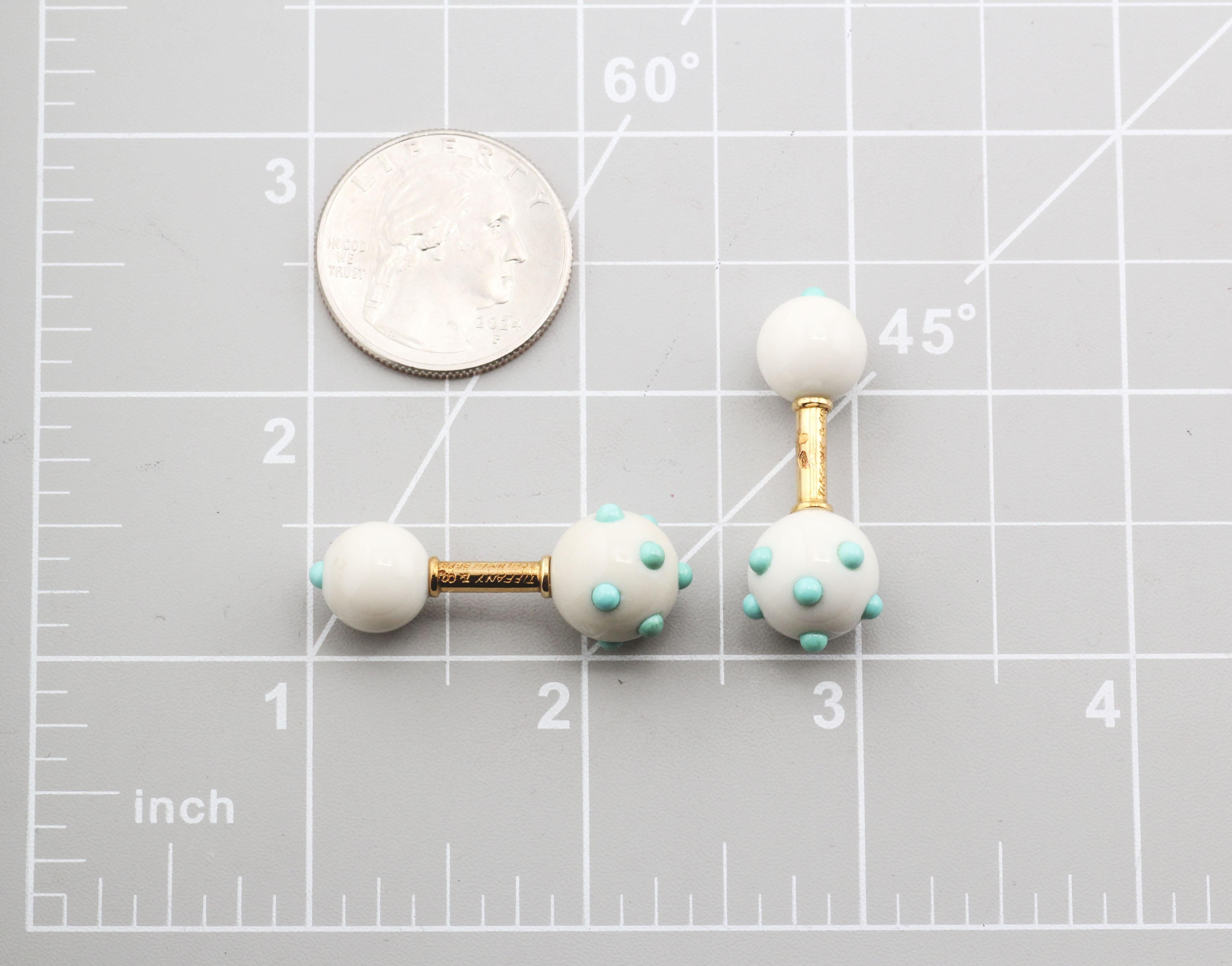Tiffany & Co. Schlumberger 18K Gold Turquoise Chalcedony Dumbbell Cufflinks For Sale 4