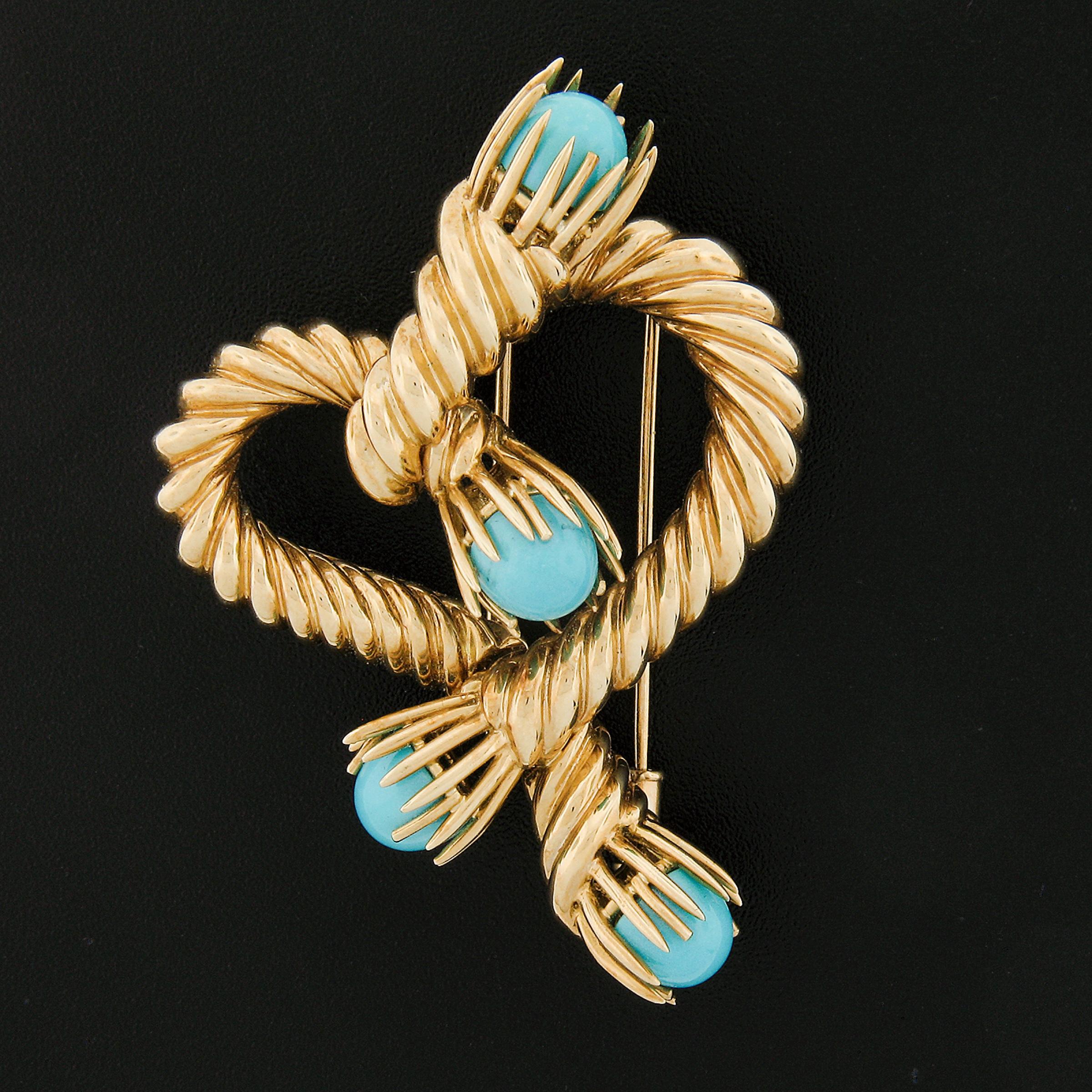 Cabochon Tiffany & Co. Schlumberger 18k Gold Turquoise Twisted Rope Heart Brooch Pin For Sale
