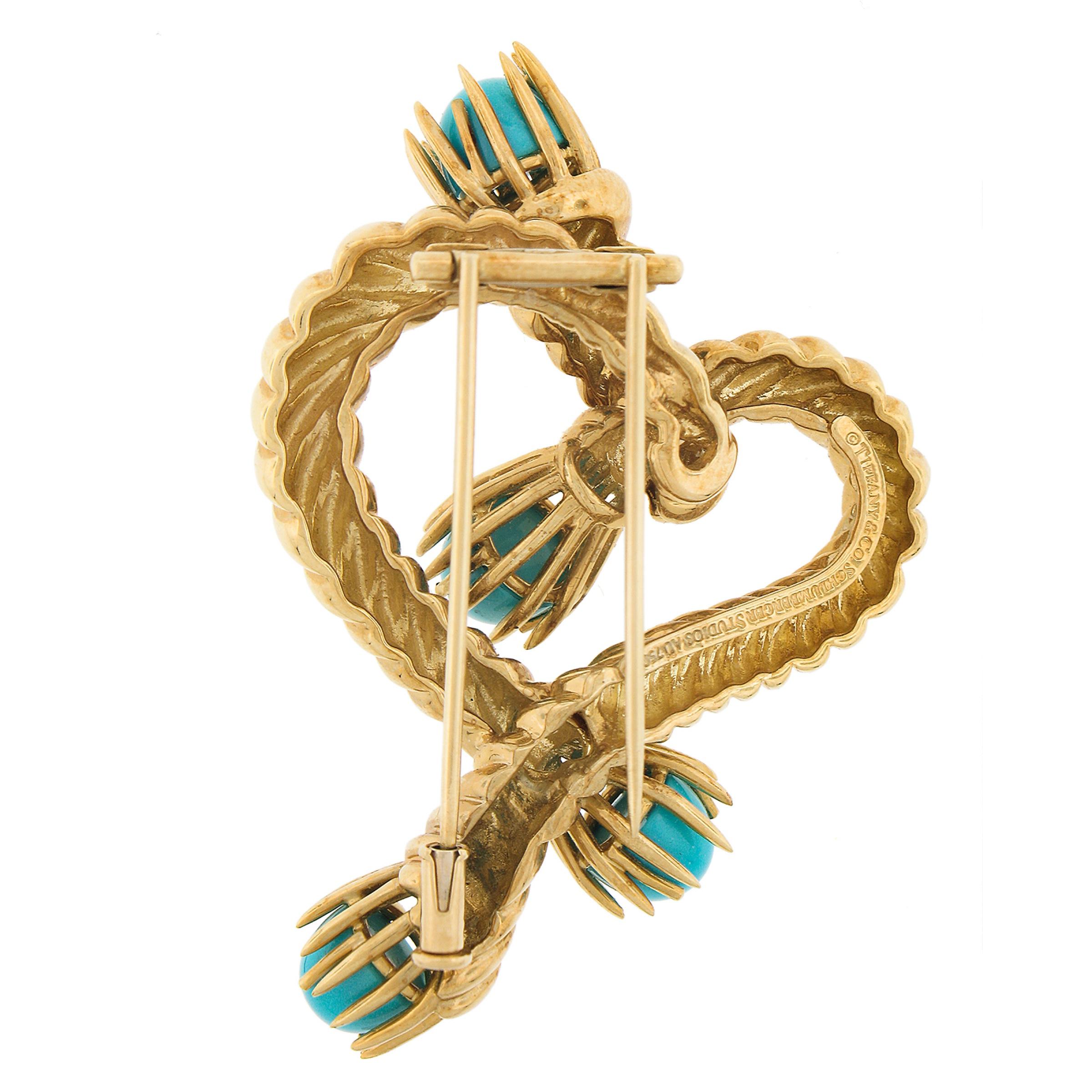 Cabochon Tiffany & Co. Schlumberger 18k Gold Turquoise Twisted Rope Heart Brooch Pin For Sale