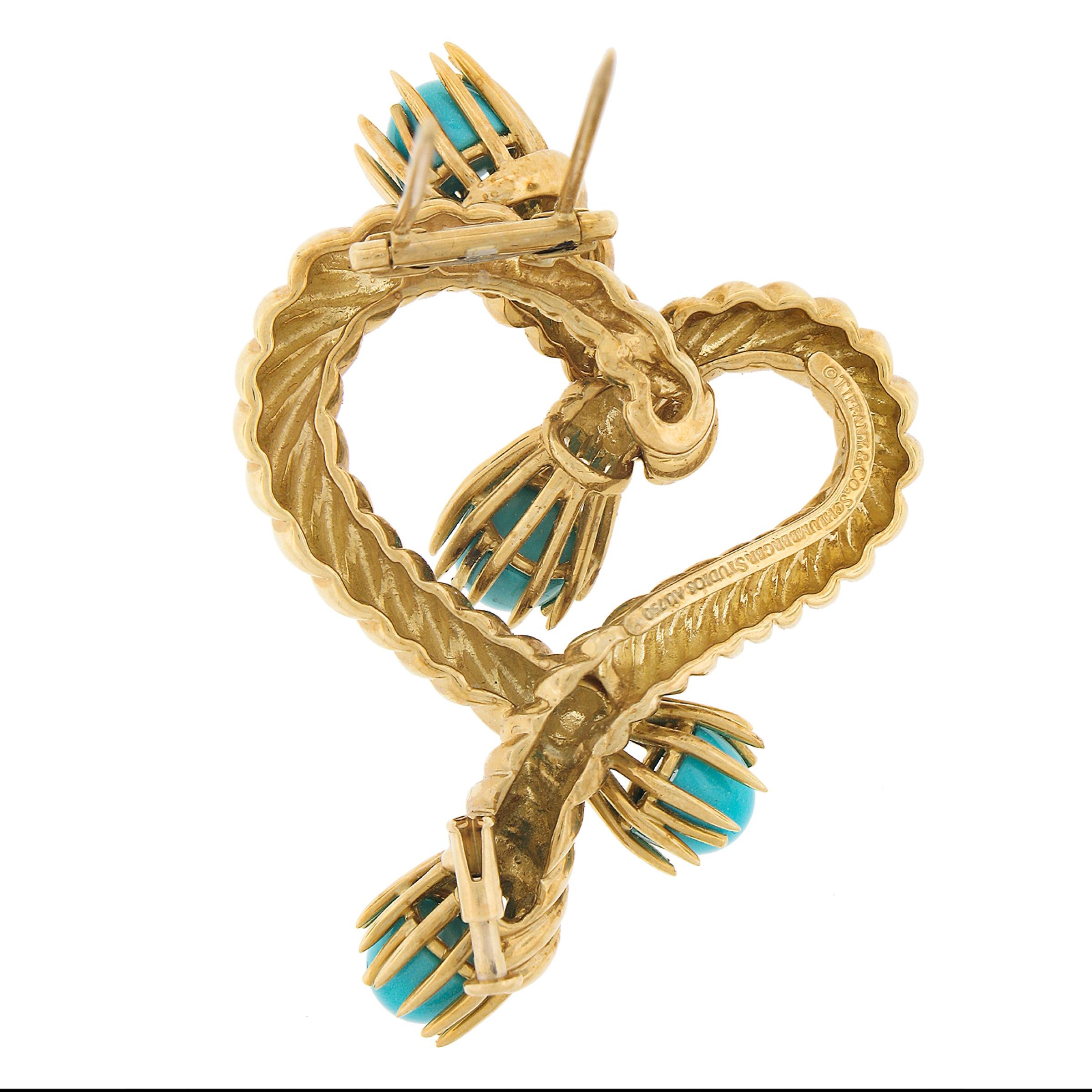 Tiffany & Co. Schlumberger 18k Gold Turquoise Twisted Rope Heart Brooch Pin In Excellent Condition For Sale In Montclair, NJ