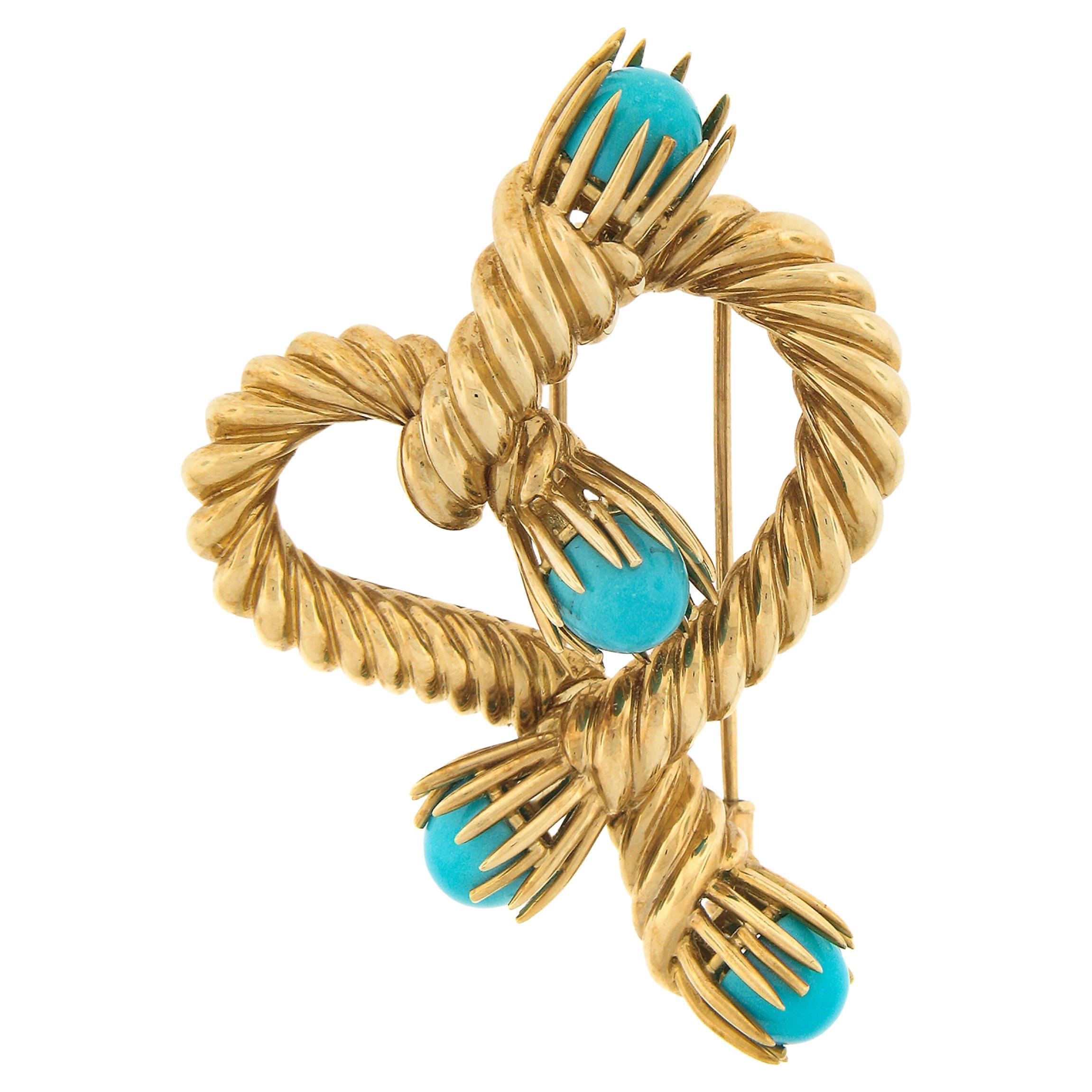Tiffany & Co. Schlumberger 18k Gold Turquoise Twisted Rope Heart Brooch Pin For Sale