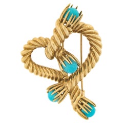 Tiffany & Co. Schlumberger 18k Gold Turquoise Twisted Rope Heart Brooch Pin