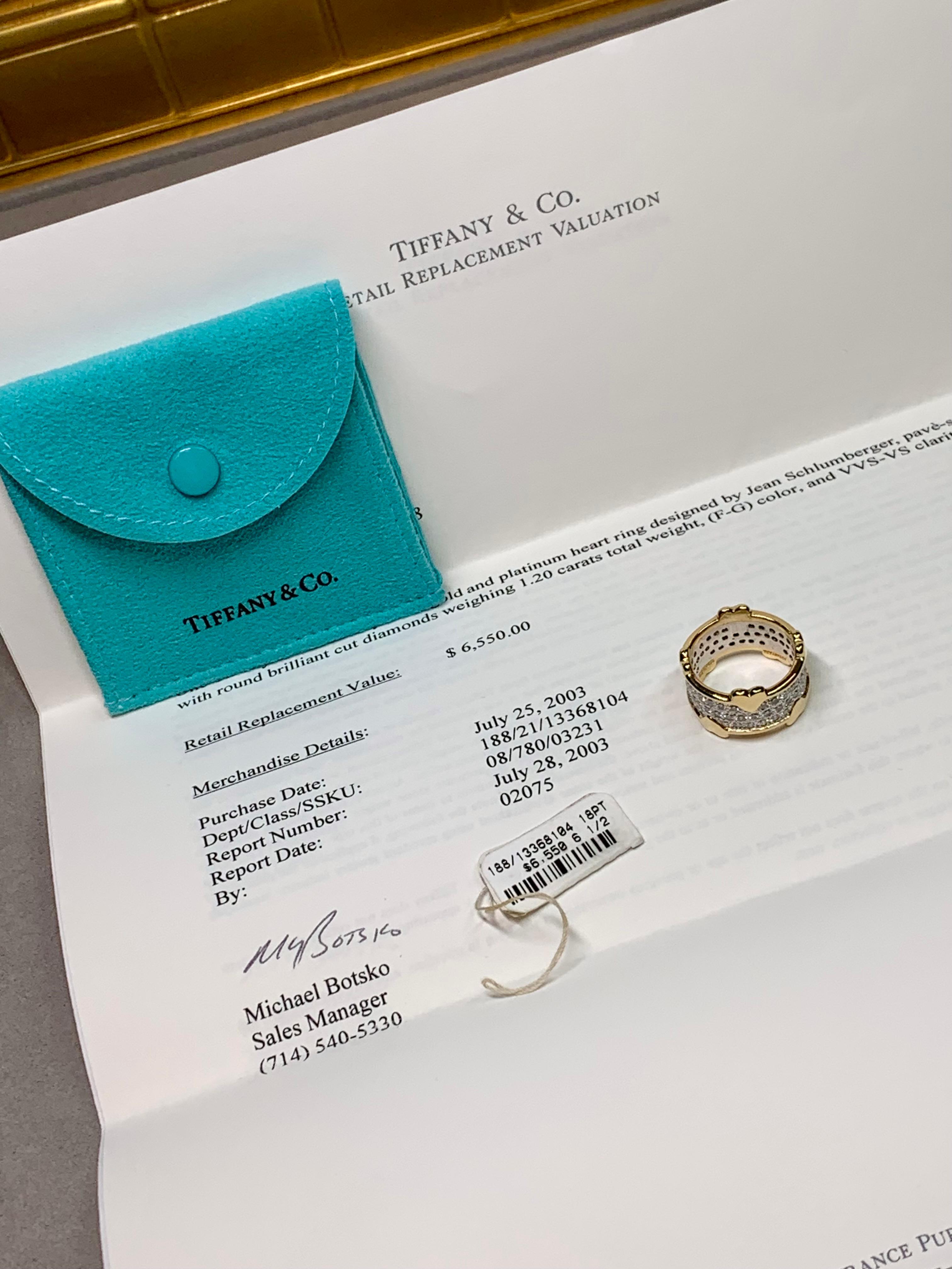 Tiffany & Co. Anello a fascia con cuore in platino 18 carati con pavé di diamanti Sz 6.75 in vendita 11