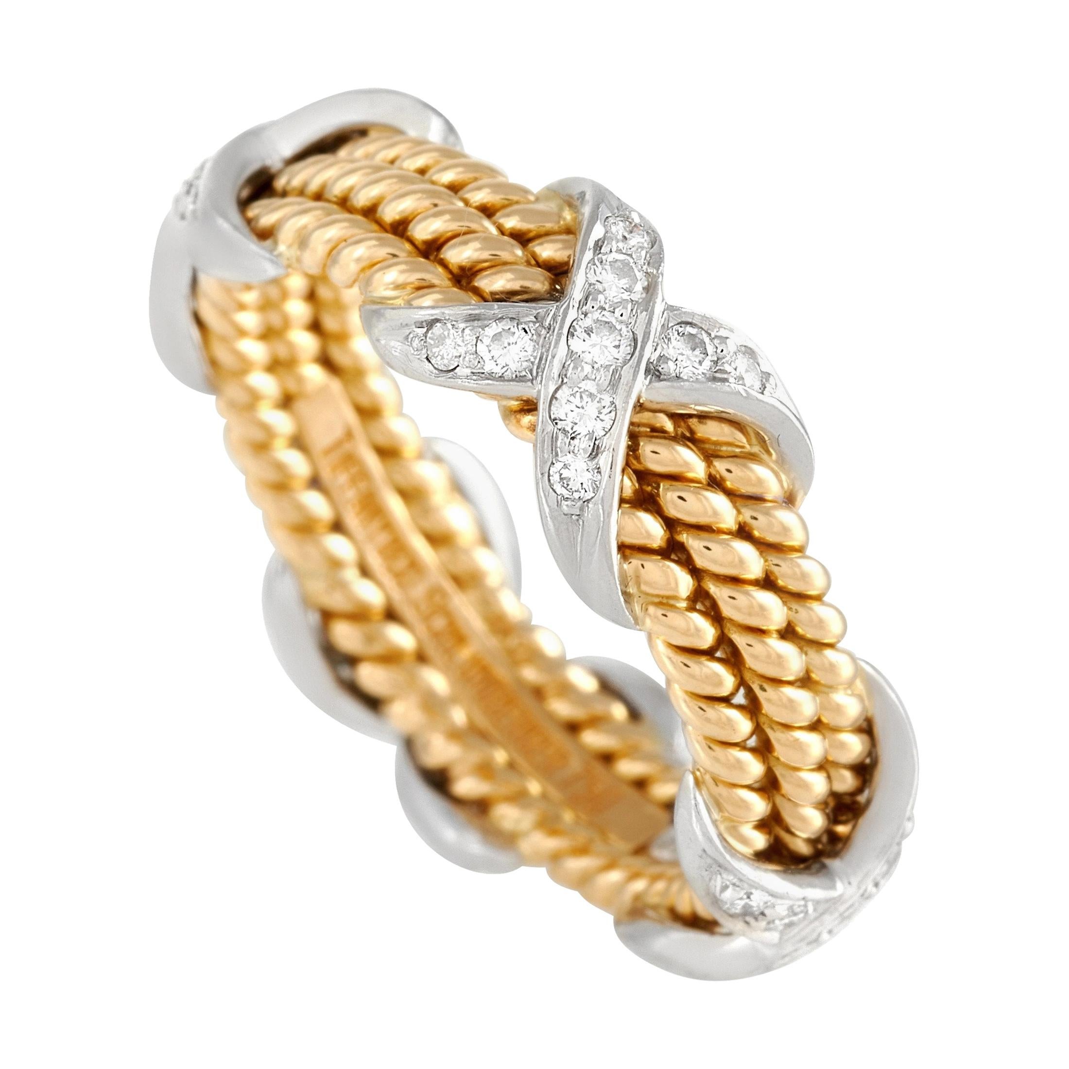 Tiffany & Co. Schlumberger 18k Yellow and White Gold Diamond Three-Row X Ring