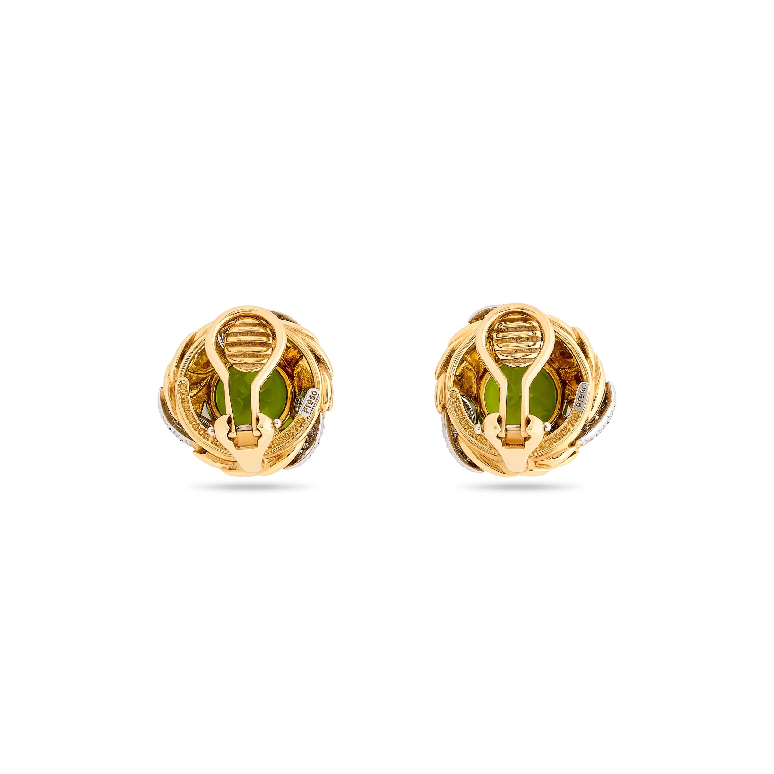 Round Cut Tiffany & Co. Schlumberger 18K Yellow Gold and Platinum Peridot Diamond Earrings For Sale