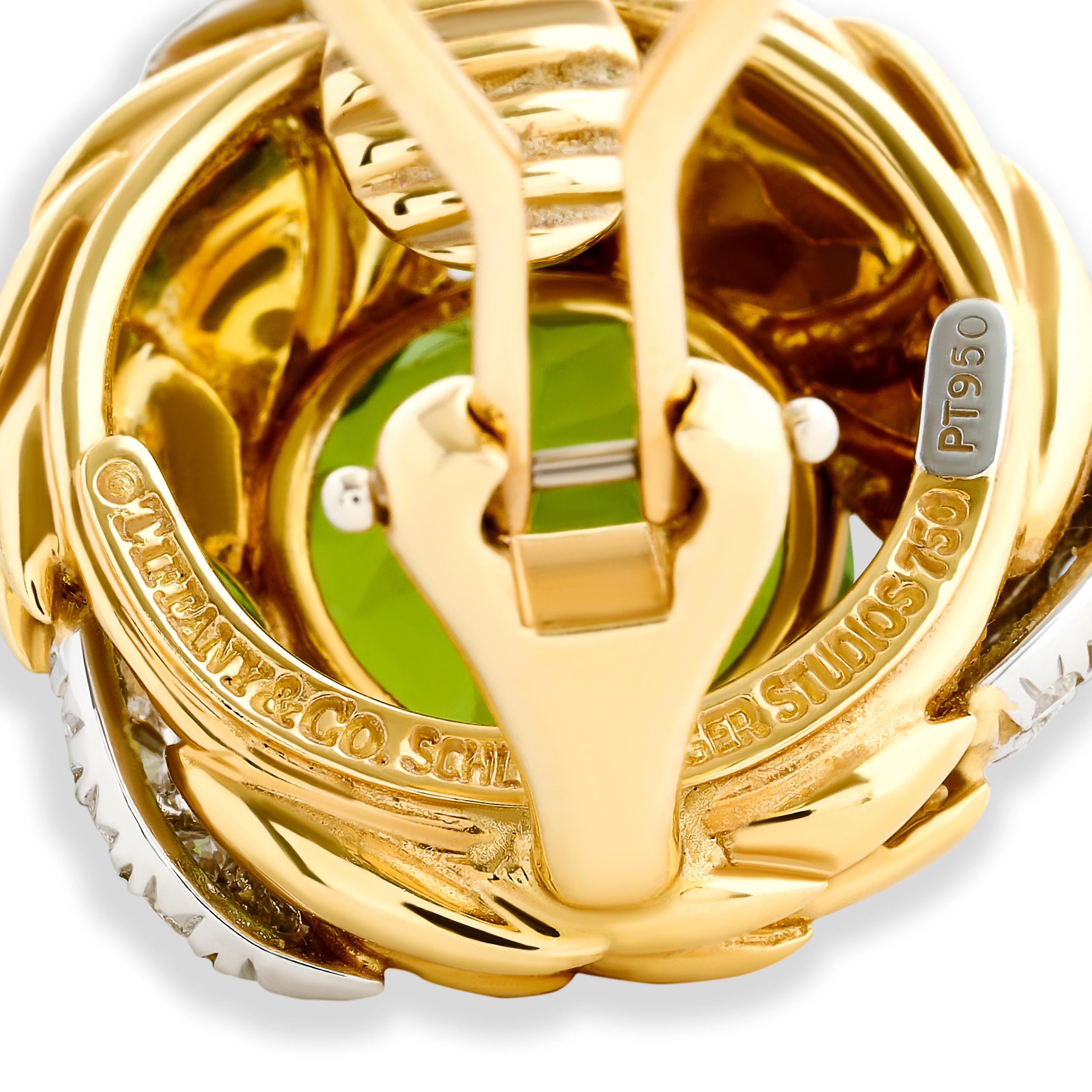 Tiffany & Co. Schlumberger 18K Yellow Gold and Platinum Peridot Diamond Earrings In Excellent Condition In Philadelphia, PA