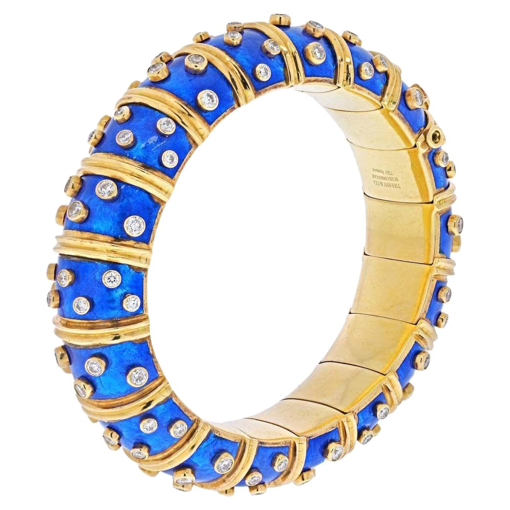 Tiffany & Co. Schlumberger 18K Yellow Gold, Blue Enamel 5.96 Ct Diamond Bangle