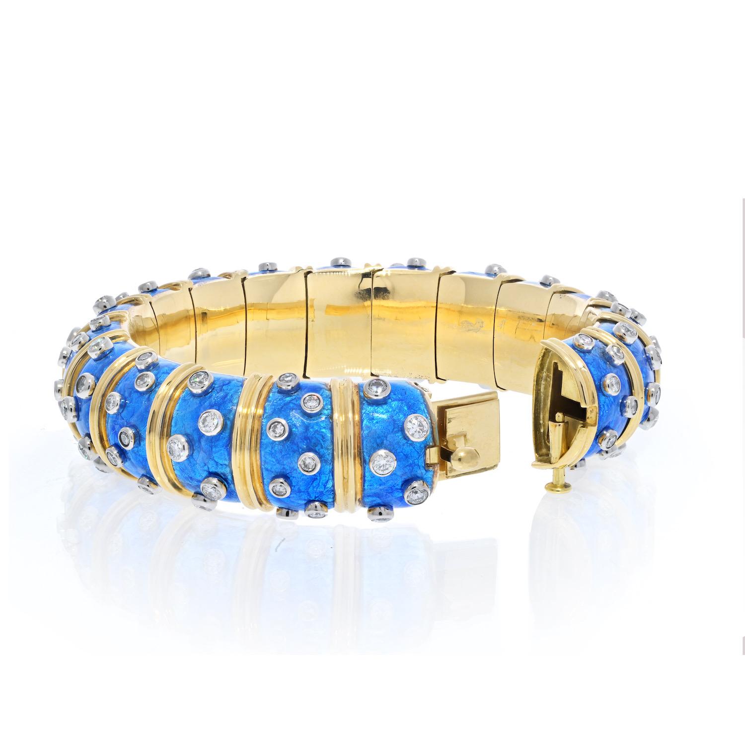 Modern Tiffany & Co. Schlumberger 18K Yellow Gold Blue Enamel Diamond Bangle Bracelet