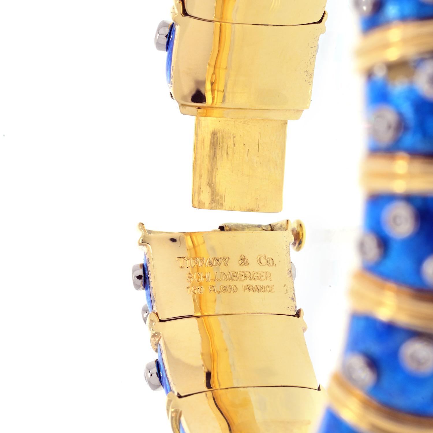 Round Cut Tiffany & Co. Schlumberger 18K Yellow Gold Blue Enamel Diamond Bangle Bracelet