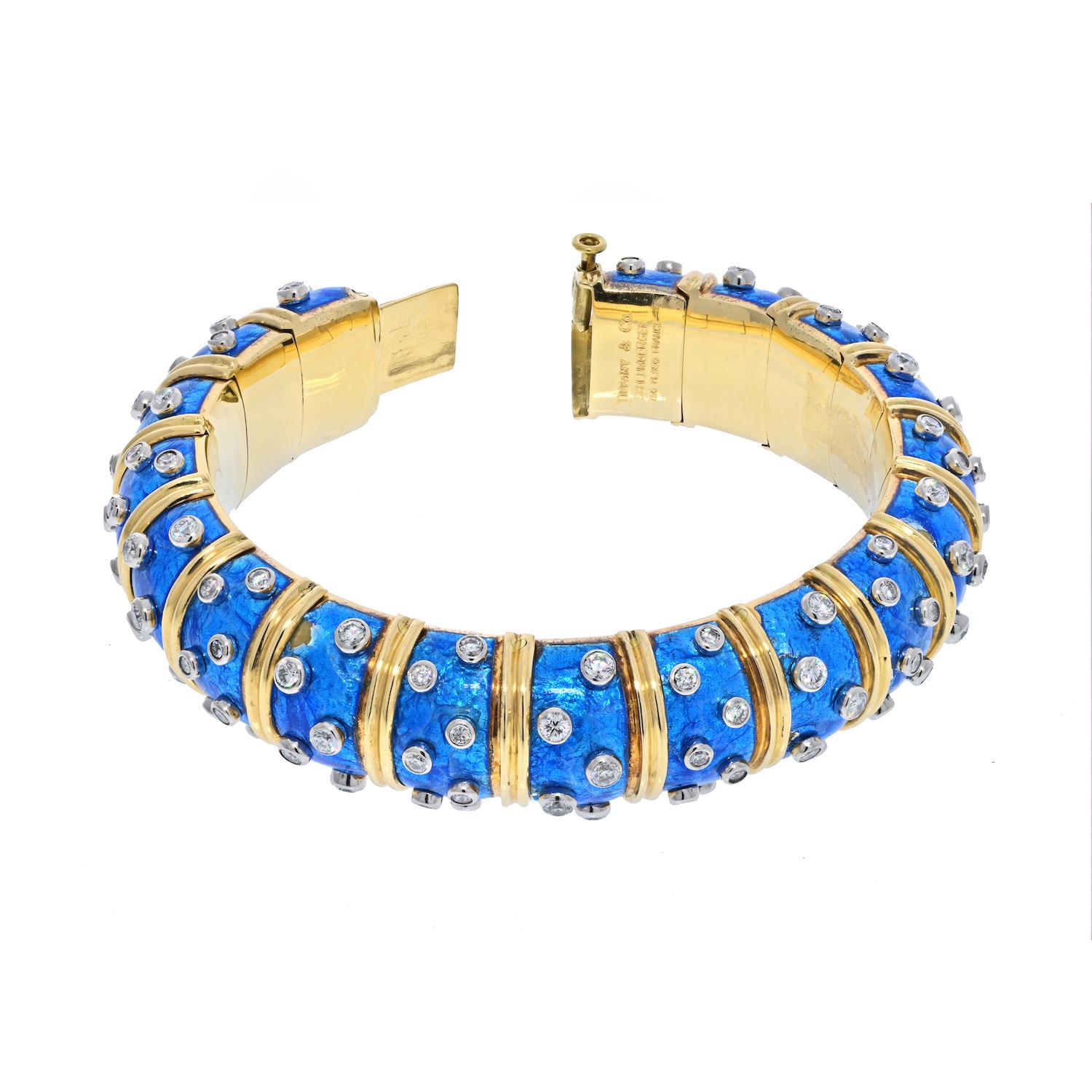 Tiffany & Co. Schlumberger 18K Yellow Gold Blue Enamel Diamond Bangle Bracelet In Excellent Condition In New York, NY
