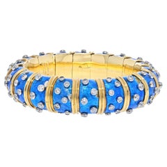 Tiffany & Co. Schlumberger 18K Yellow Gold Blue Enamel Diamond Bangle Bracelet
