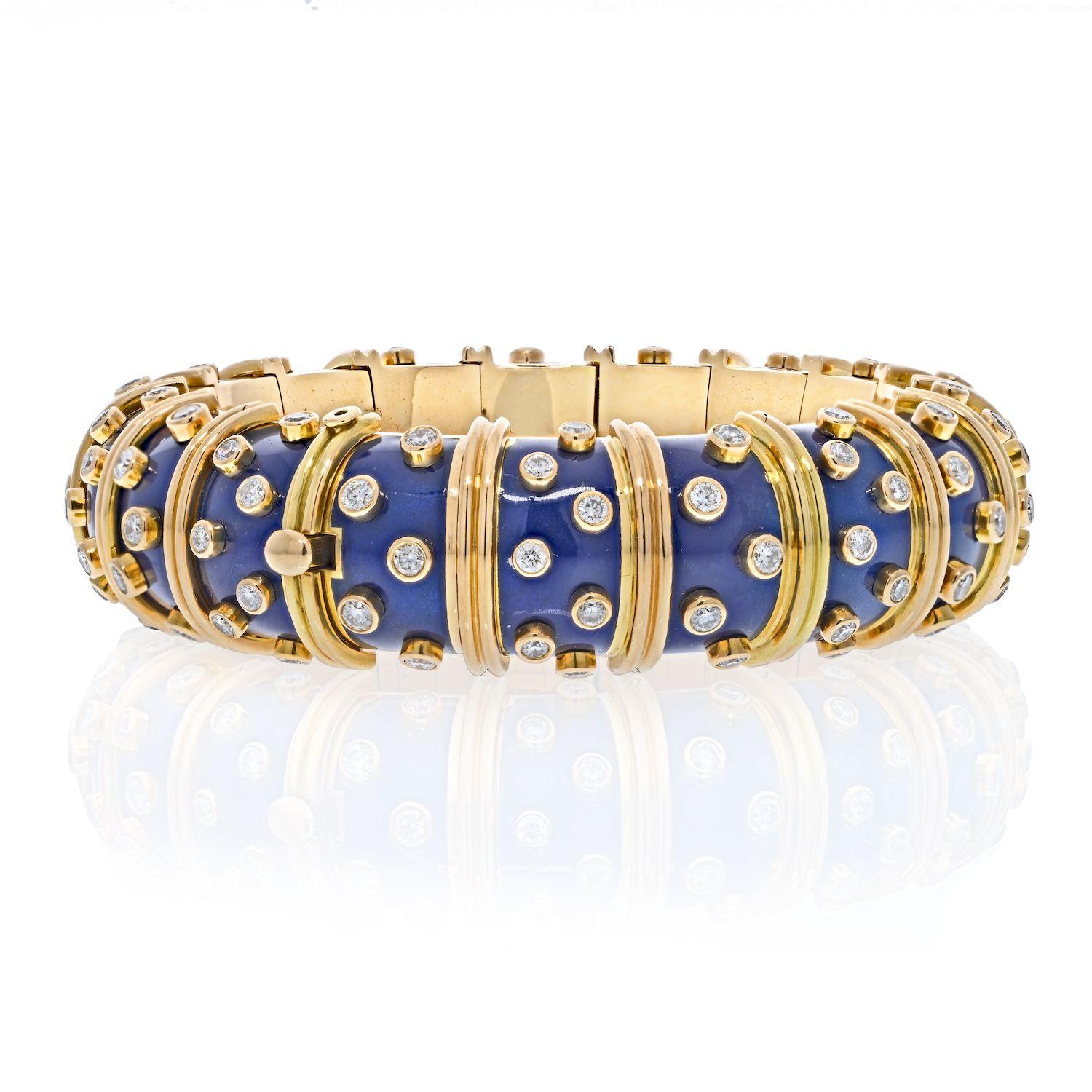 Tiffany and Co. Schlumberger 18K Yellow Gold Blue Enamel Diamond Bracelet  For Sale at 1stDibs
