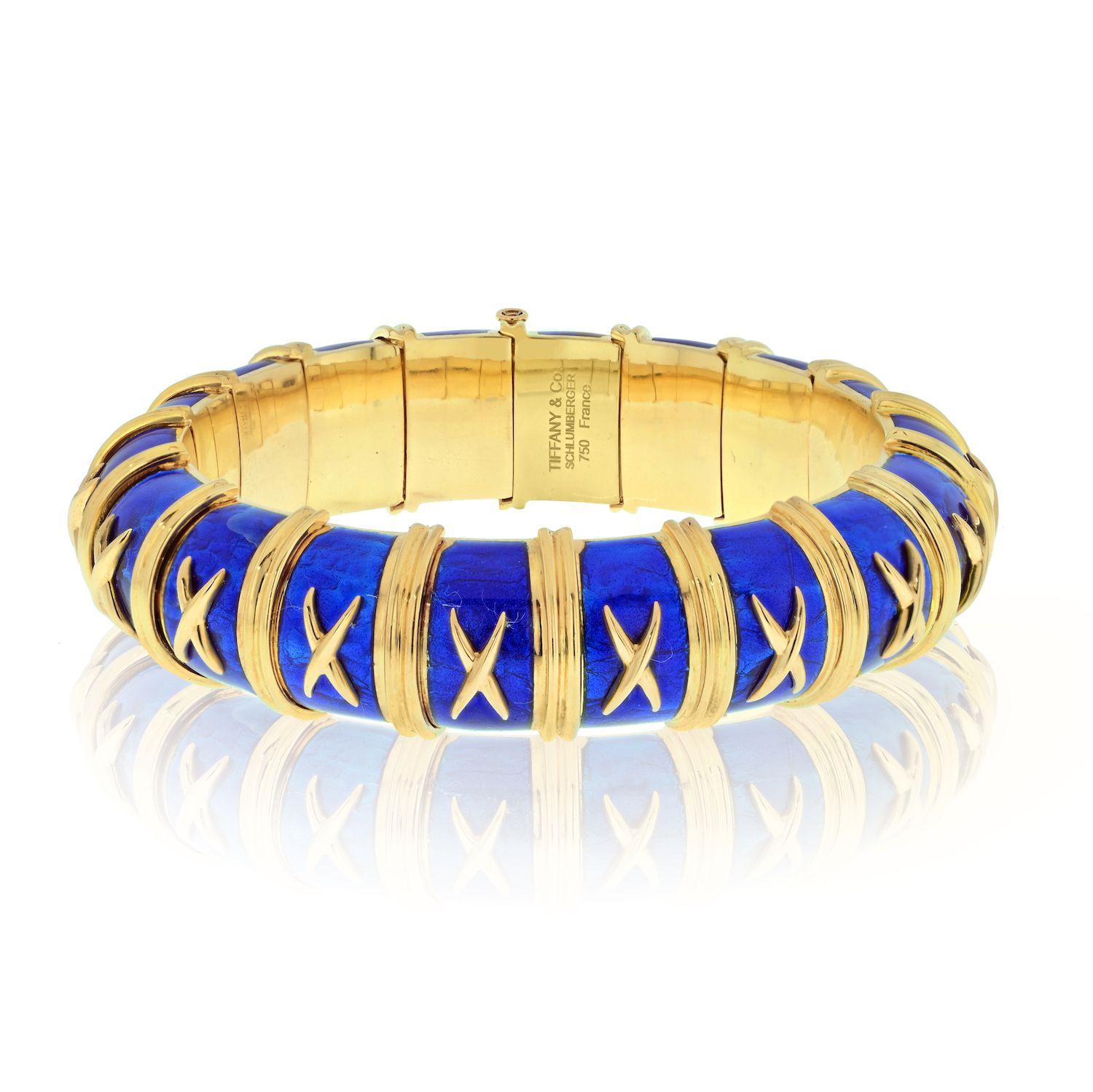 Modern Tiffany & Co. Schlumberger 18K Yellow Gold Blue Enamel X Motif Bangle Bracelet
