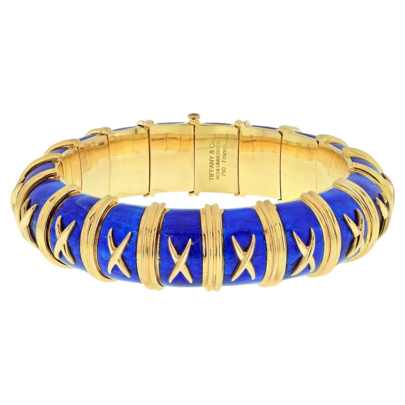 Tiffany & Co. Schlumberger 18K Yellow Gold Blue Enamel X Motif Bangle Bracelet