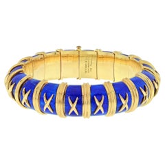 Vintage Tiffany & Co. Schlumberger 18K Yellow Gold Blue Enamel X Motif Bangle Bracelet