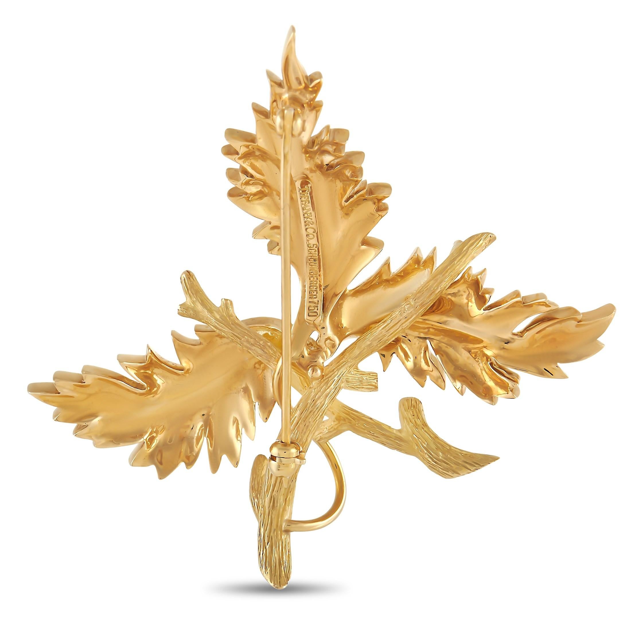 This gorgeous brooch from the Tiffany & Co. Schlumberger collection draws inspiration from the beauty of nature. Made from 18K Yellow Gold, this exciting style measures 2” round.

This jewelry piece is offered in estate condition and includes a gift