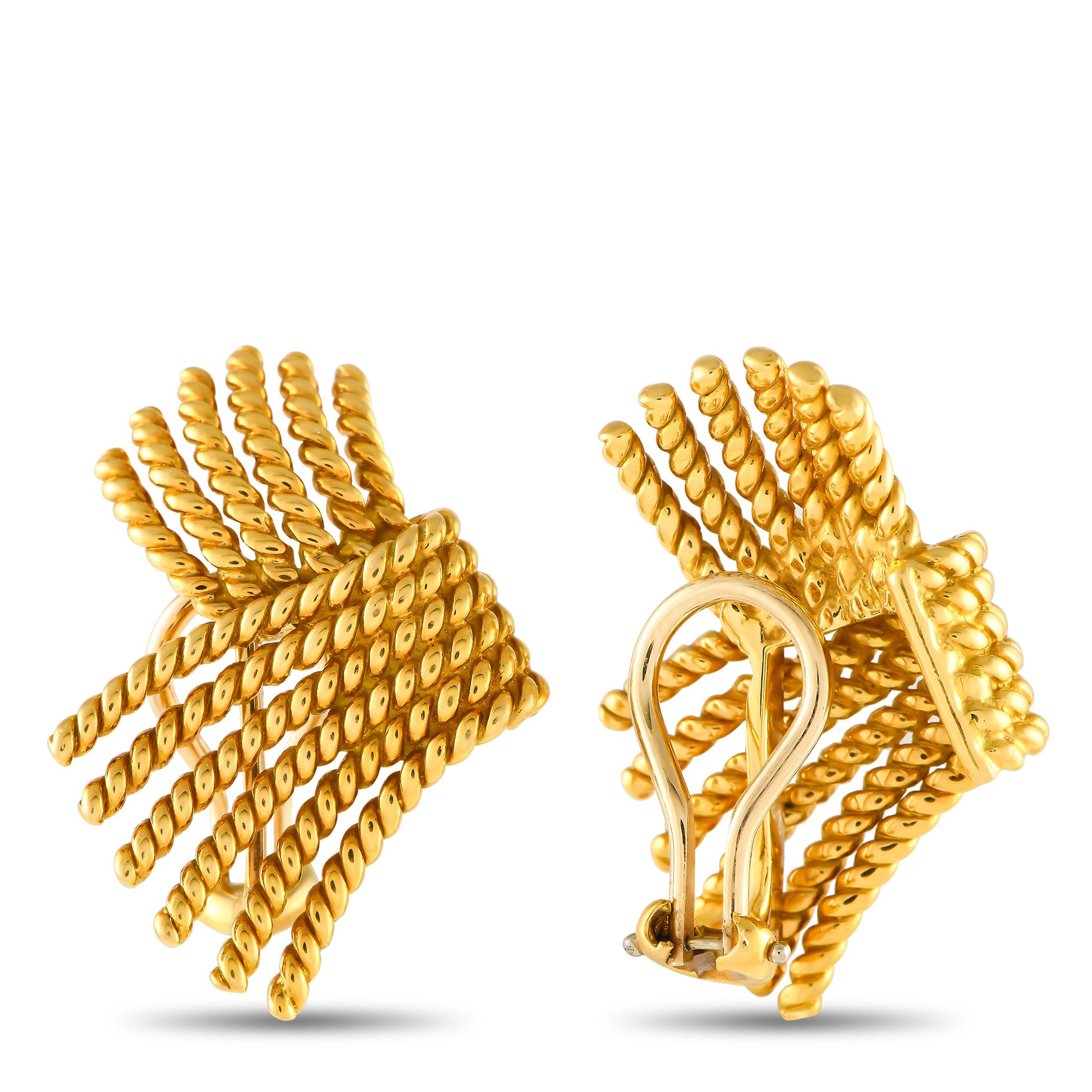 Like many of the pieces from the Tiffany & Co. Schlumberger collection, these exquisite earrings are inspired by the designers family legacy in textiles. A series of rope-like motifs crafted from lustrous 18K Yellow Gold make them an exciting