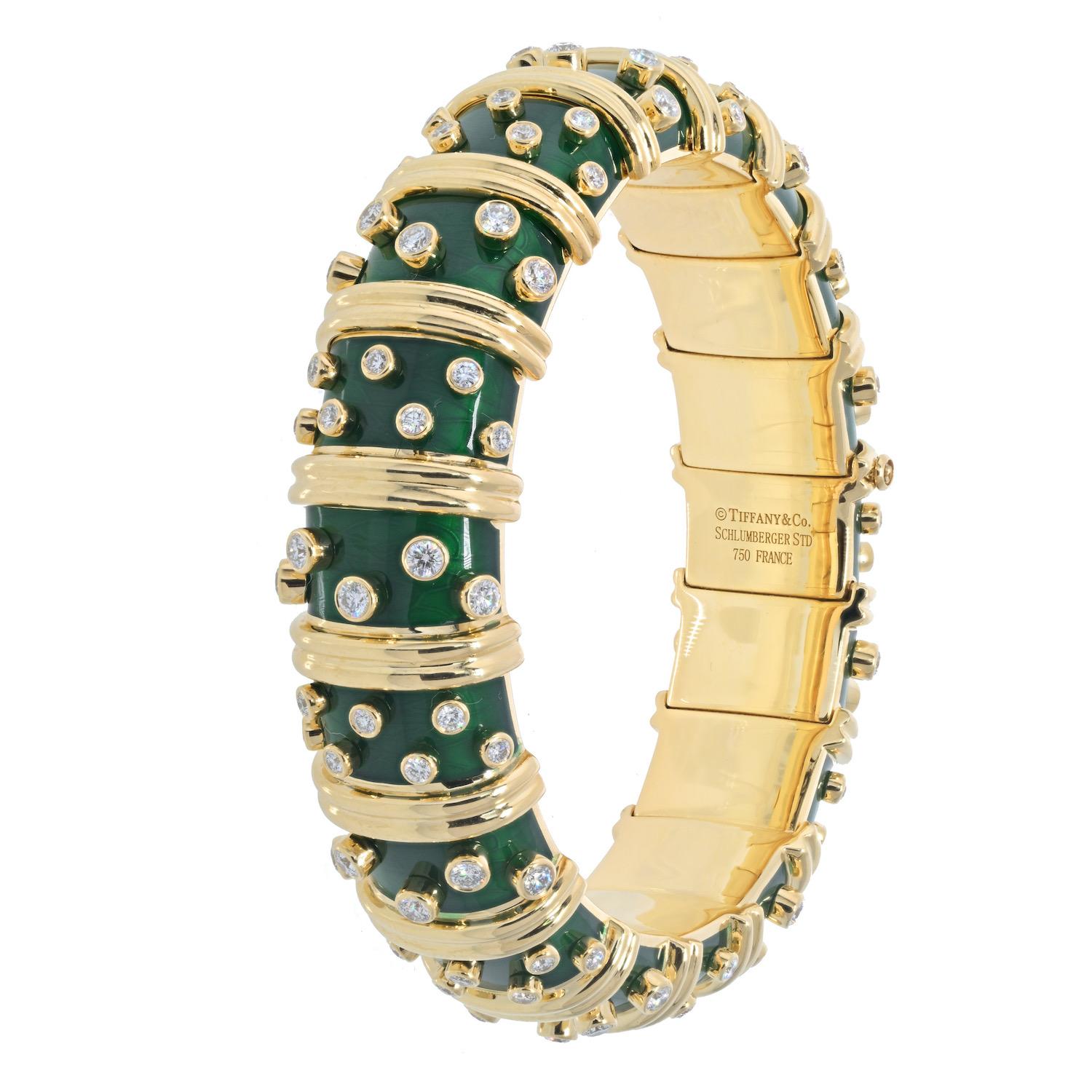 Modern Tiffany & Co. Schlumberger 18K Yellow Gold Deep Green Enamel Diamond Bracelet For Sale