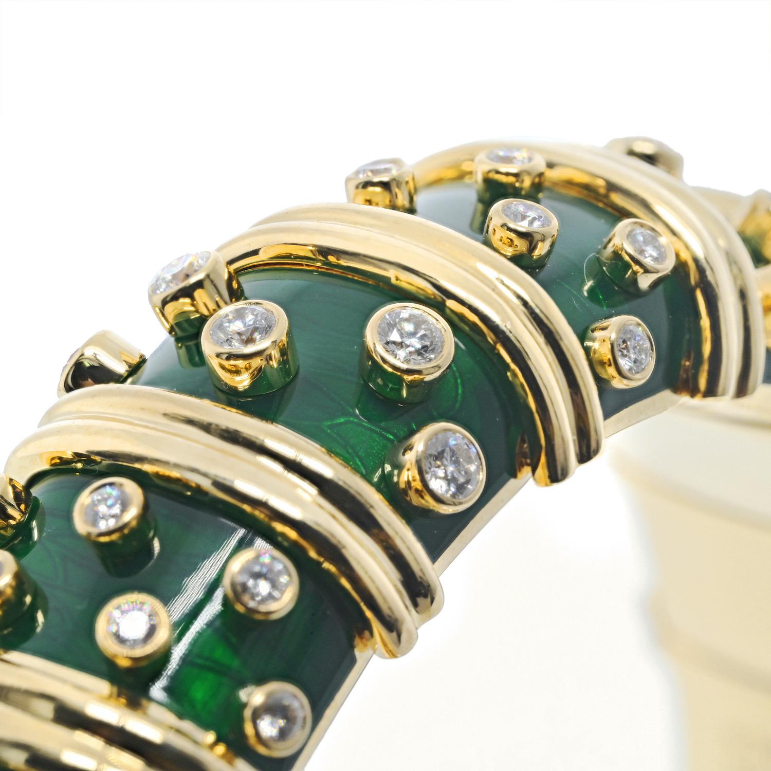 Round Cut Tiffany & Co. Schlumberger 18K Yellow Gold Deep Green Enamel Diamond Bracelet For Sale