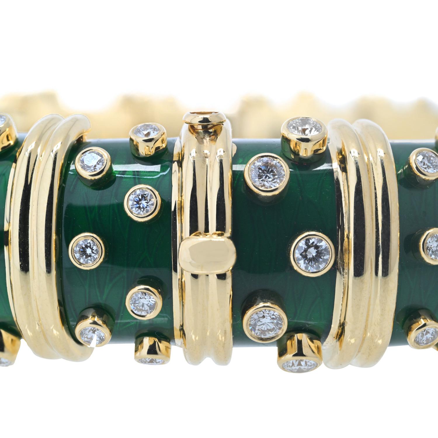 Tiffany & Co. Schlumberger 18K Yellow Gold Deep Green Enamel Diamond Bracelet In Excellent Condition For Sale In New York, NY