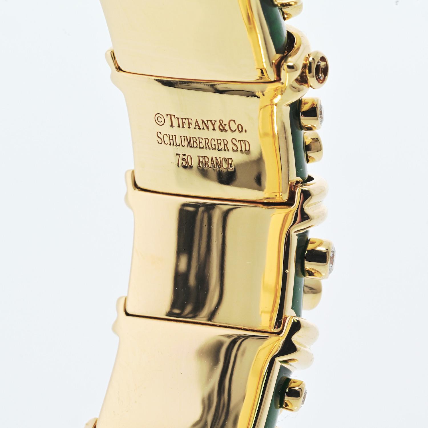 Women's Tiffany & Co. Schlumberger 18K Yellow Gold Deep Green Enamel Diamond Bracelet For Sale