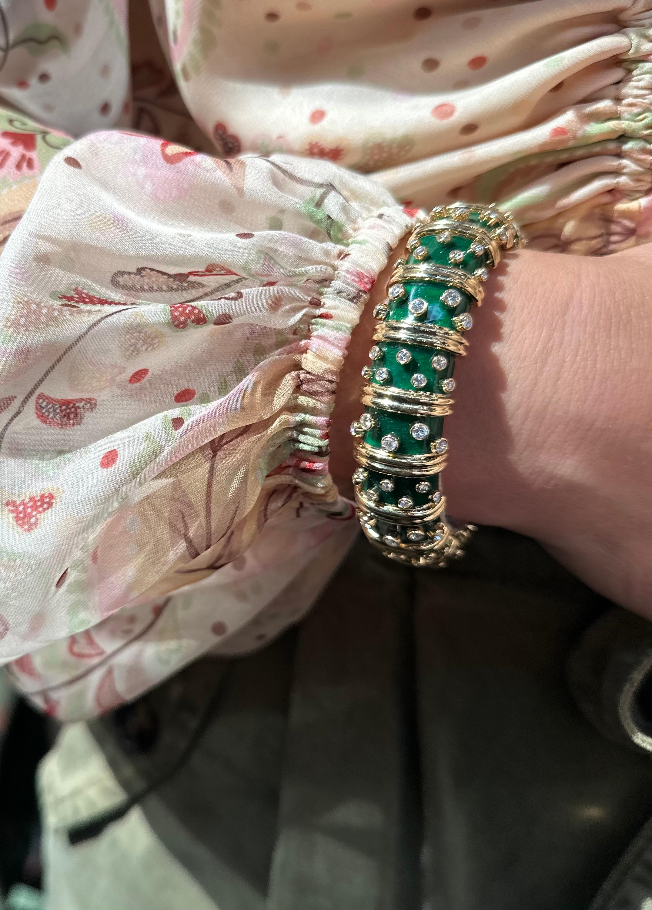 Tiffany & Co. Schlumberger 18K Yellow Gold Deep Green Enamel Diamond Bracelet For Sale 3