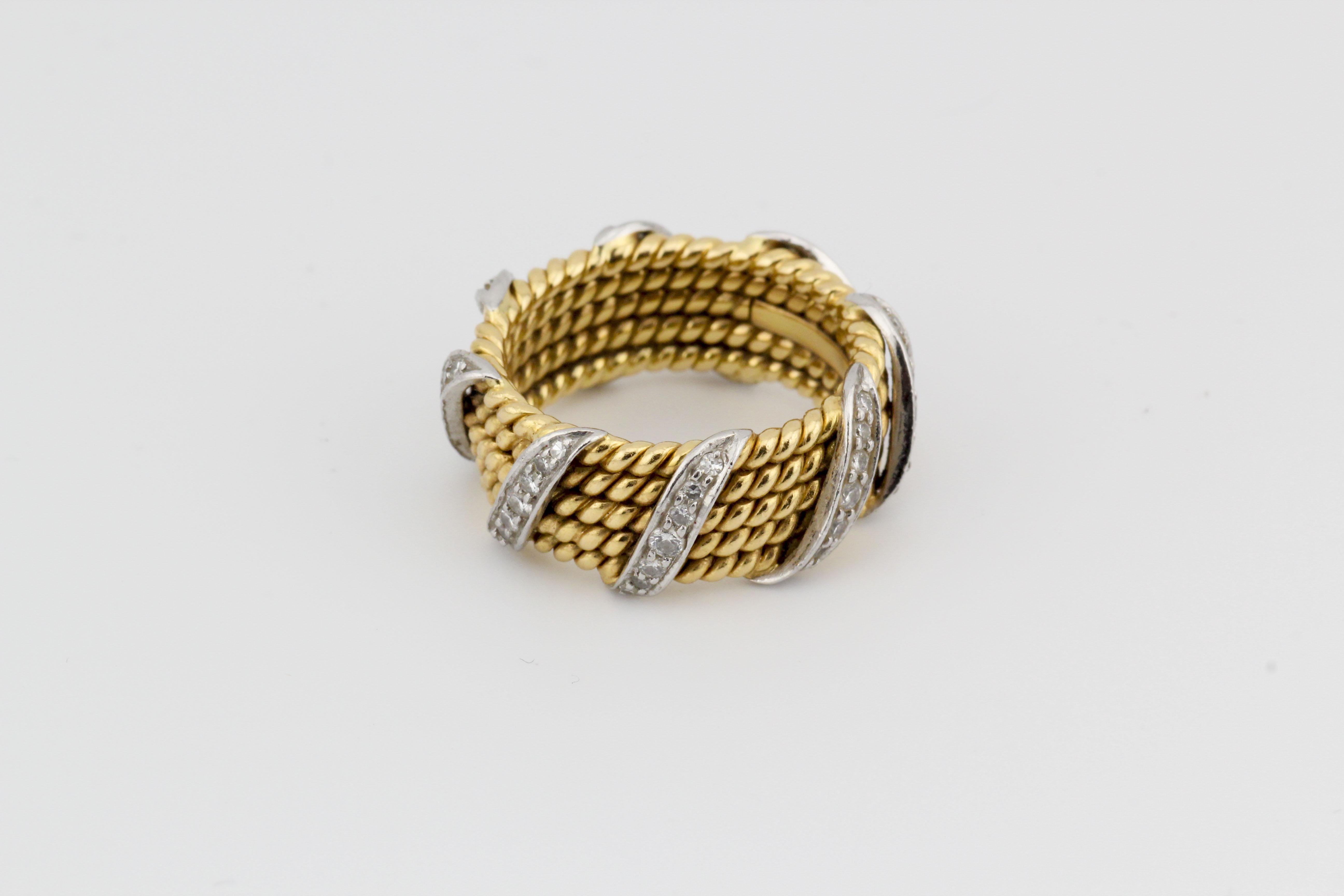 Tiffany and Co. Schlumberger 18K Yellow Gold Diamond 5 Rows Rope Ring ...
