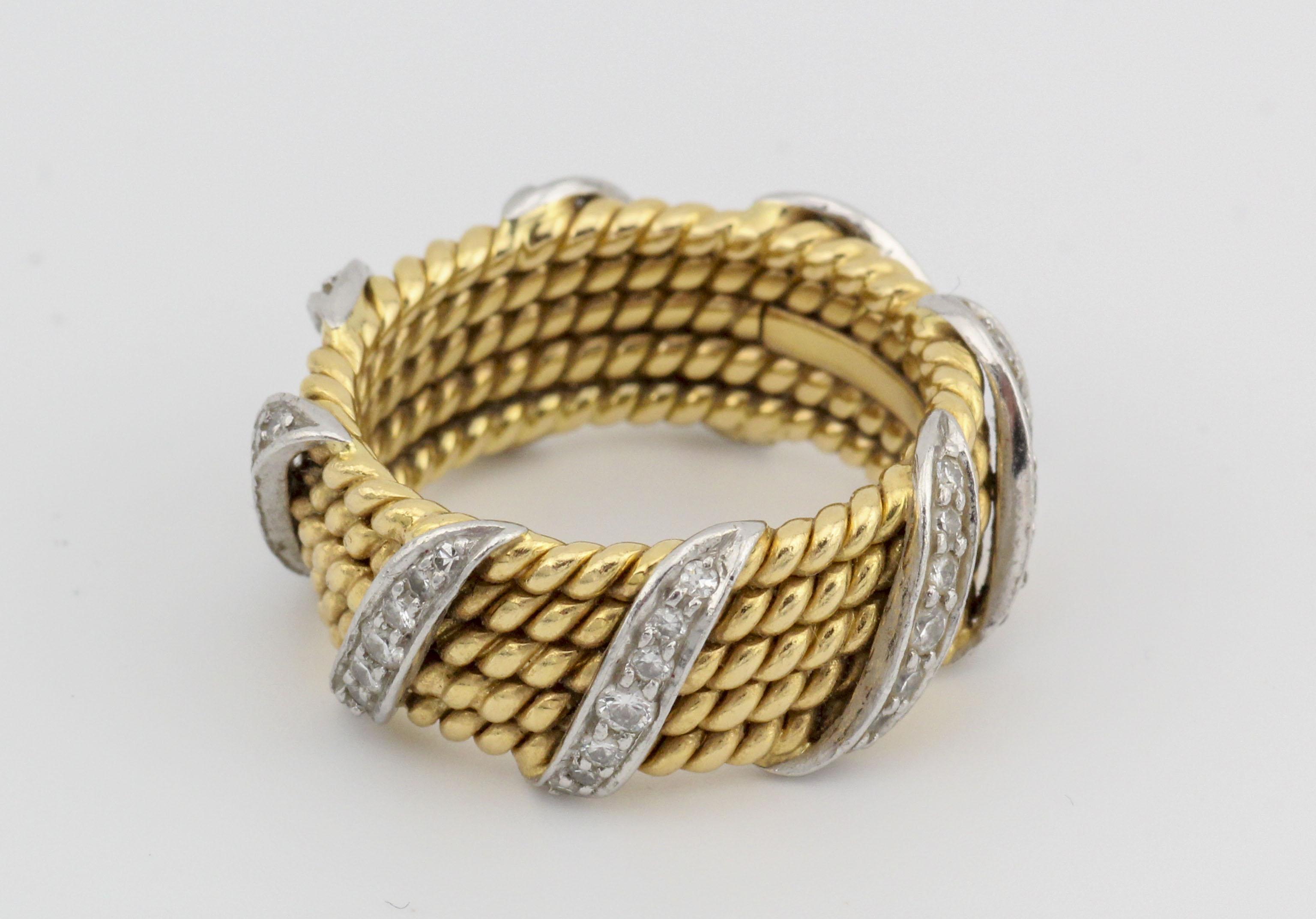 Tiffany and Co. Schlumberger 18K Yellow Gold Diamond 5 Rows Rope Ring ...