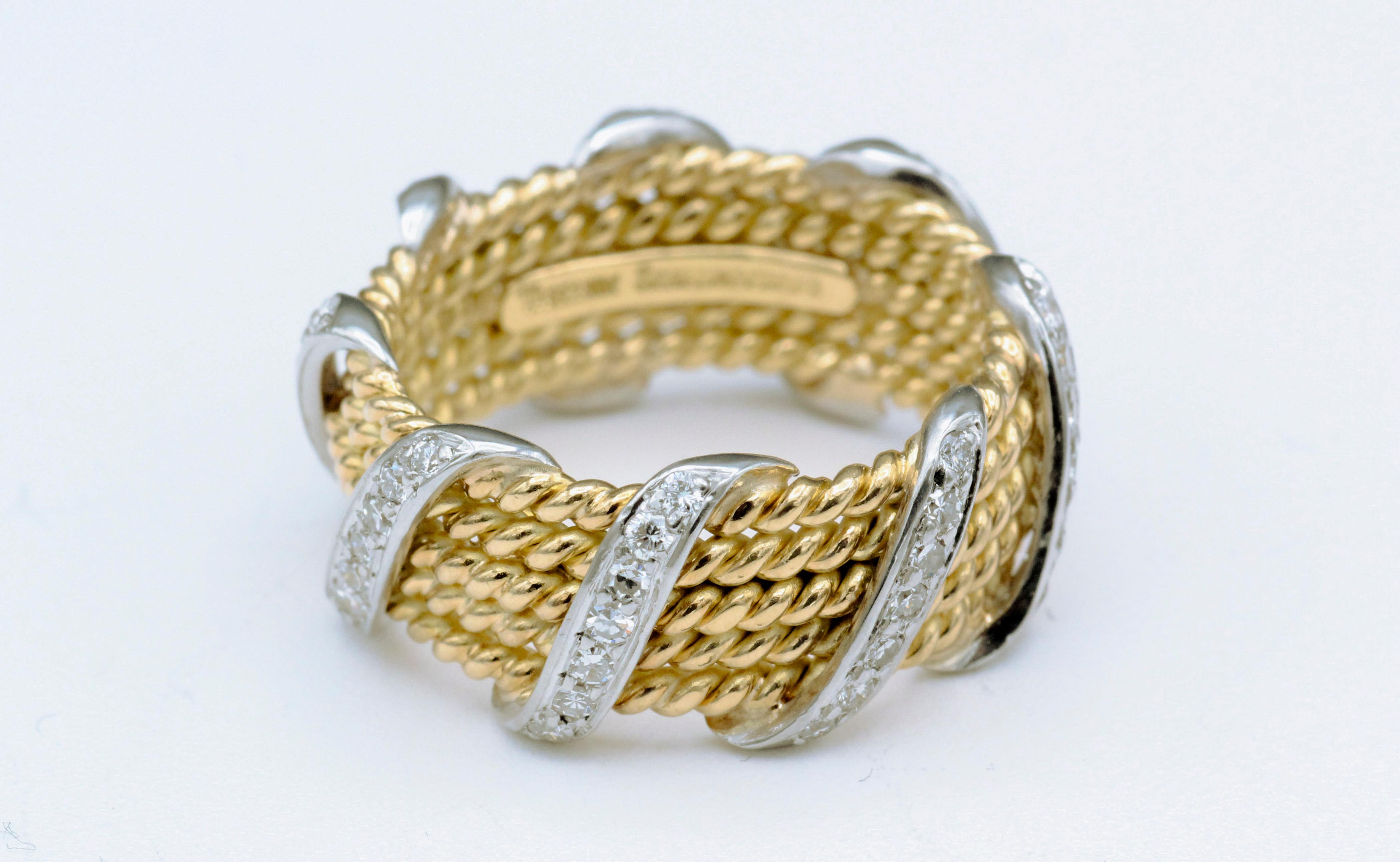 Tiffany & Co. Schlumberger 18 Karat Gelbgold Diamant 5 Reihen Seil-Ring Größe 5,5 (Brillantschliff) im Angebot