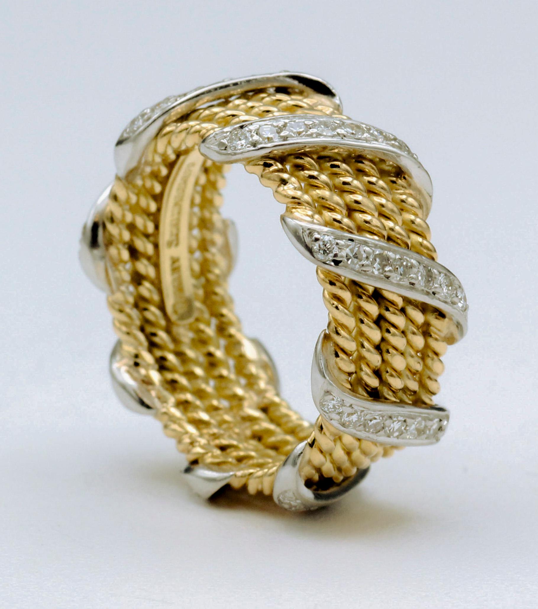 Tiffany & Co. Schlumberger, bague en or jaune 18 carats avec 5 rangées de diamants, taille 5,5 Bon état - En vente à Bellmore, NY