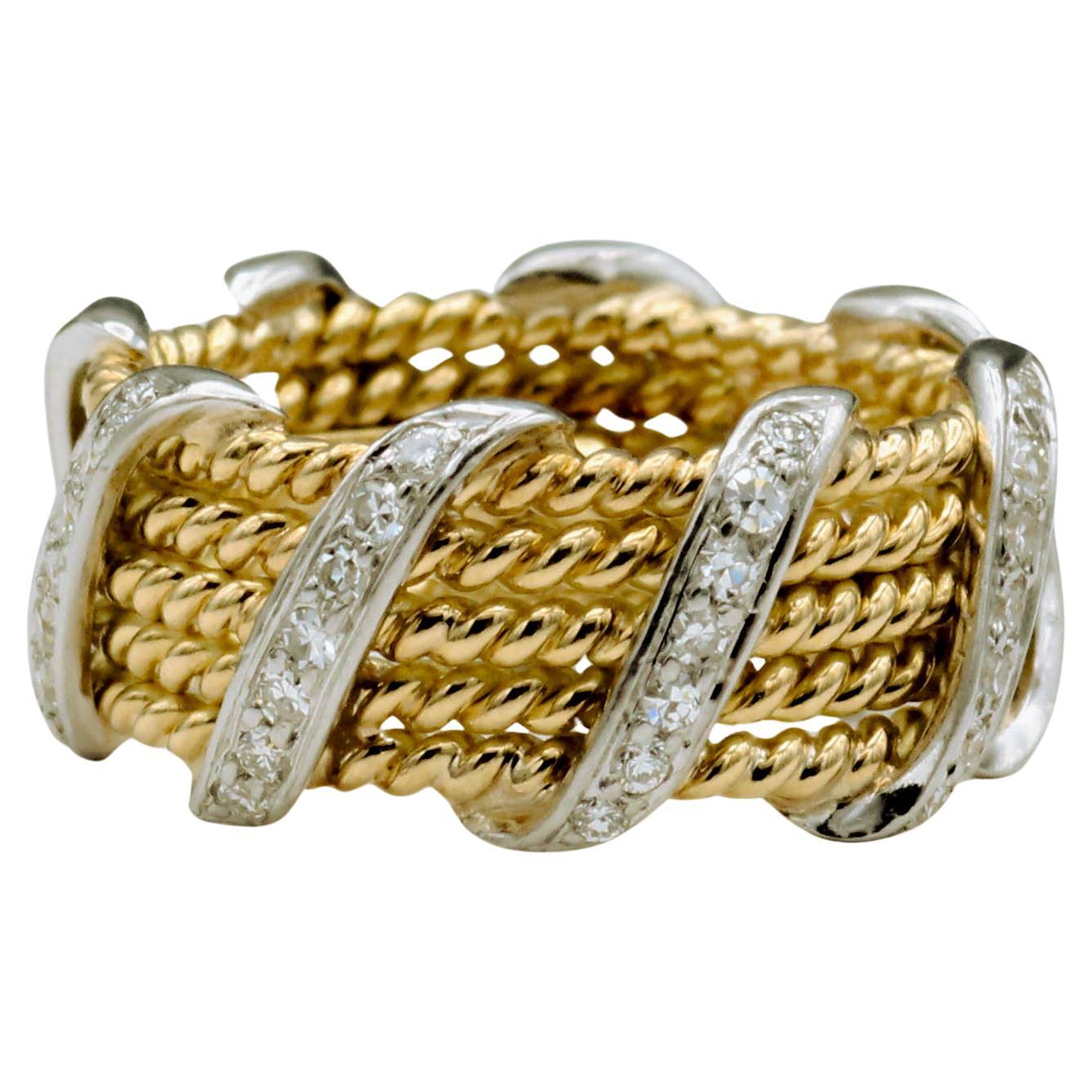 Tiffany & Co. Schlumberger 18K Yellow Gold Diamond 5 Rows Rope Ring Size 5.5
