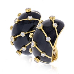 Tiffany & Co. Schlumberger 18K Yellow Gold Diamond Black Enamel Banana Earrings