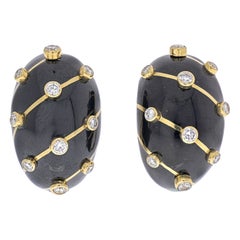 Tiffany & Co. Schlumberger 18K Yellow Gold Diamond Black Enamel Banana Earrings