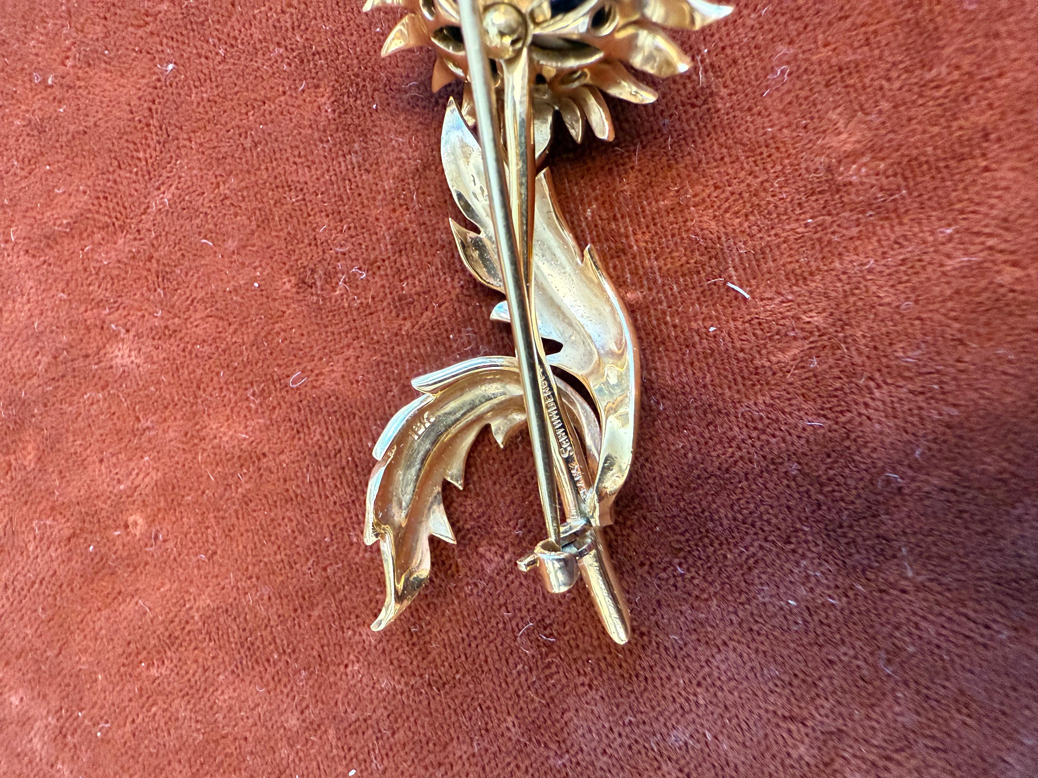 Round Cut TIFFANY & CO. SCHLUMBERGER 18K Yellow Gold, Diamond & Lapis Thistle Brooch 1970s