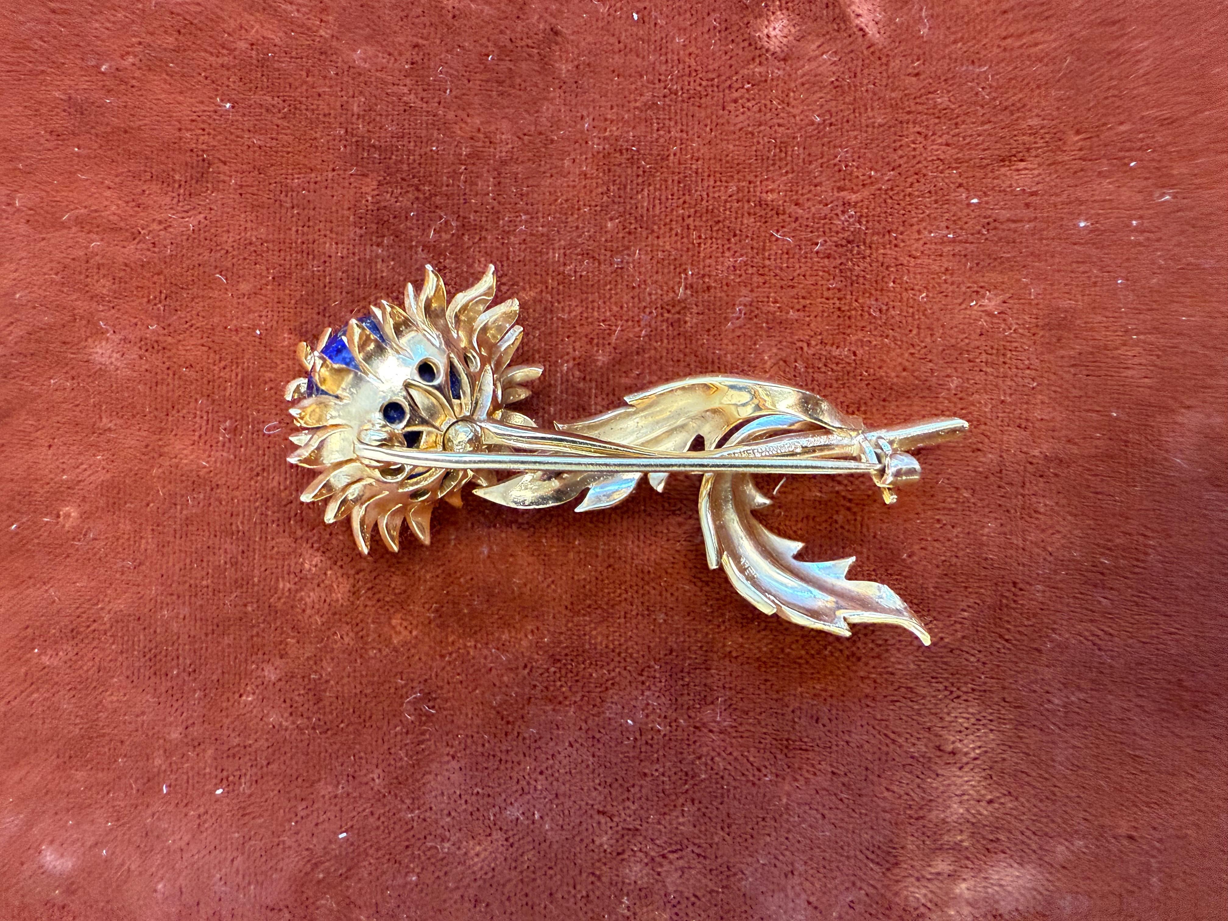 TIFFANY & CO. SCHLUMBERGER 18K Yellow Gold, Diamond & Lapis Thistle Brooch 1970s In Excellent Condition In Beverly Hills, CA