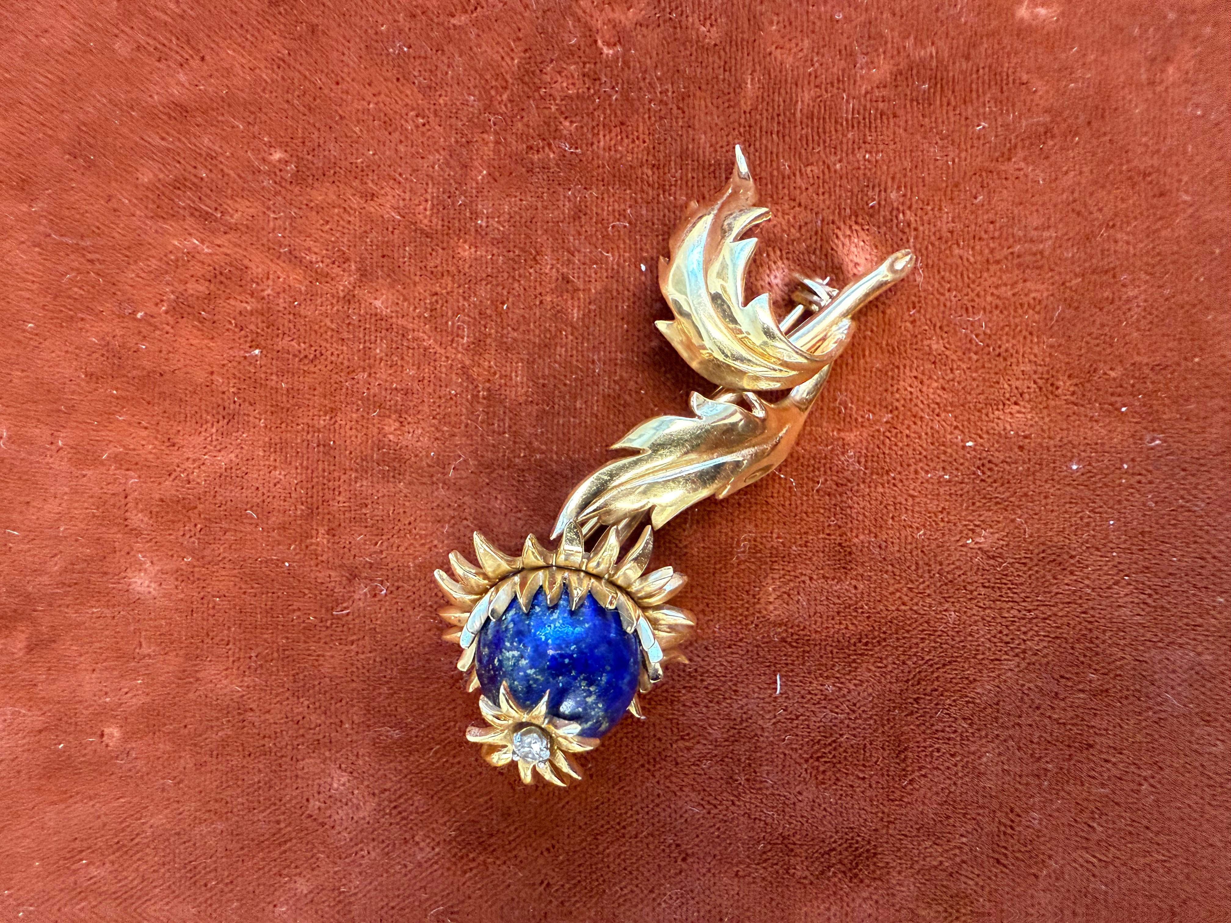Women's or Men's TIFFANY & CO. SCHLUMBERGER 18K Yellow Gold, Diamond & Lapis Thistle Brooch 1970s