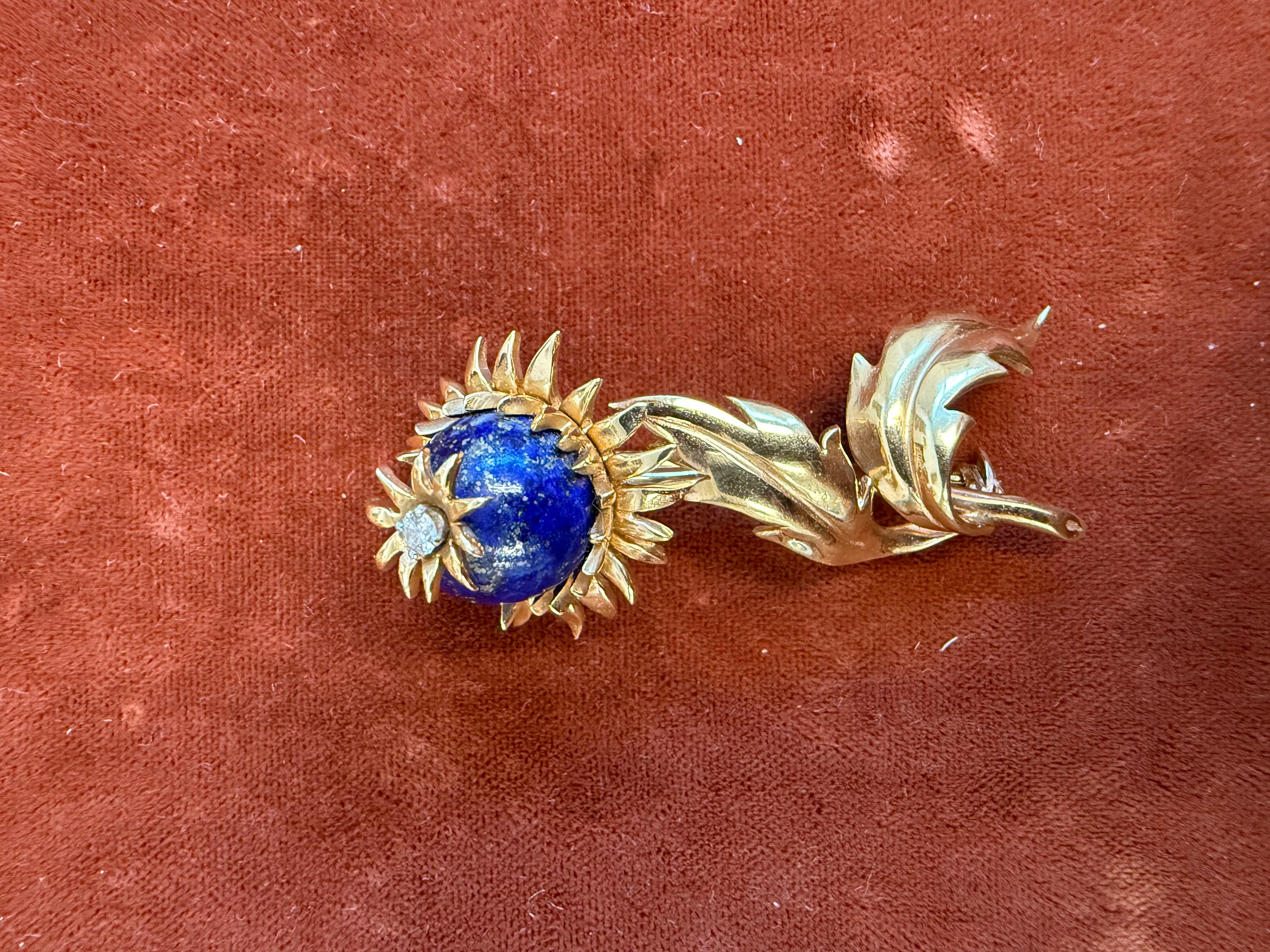 TIFFANY & CO. SCHLUMBERGER 18K Yellow Gold, Diamond & Lapis Thistle Brooch 1970s 1