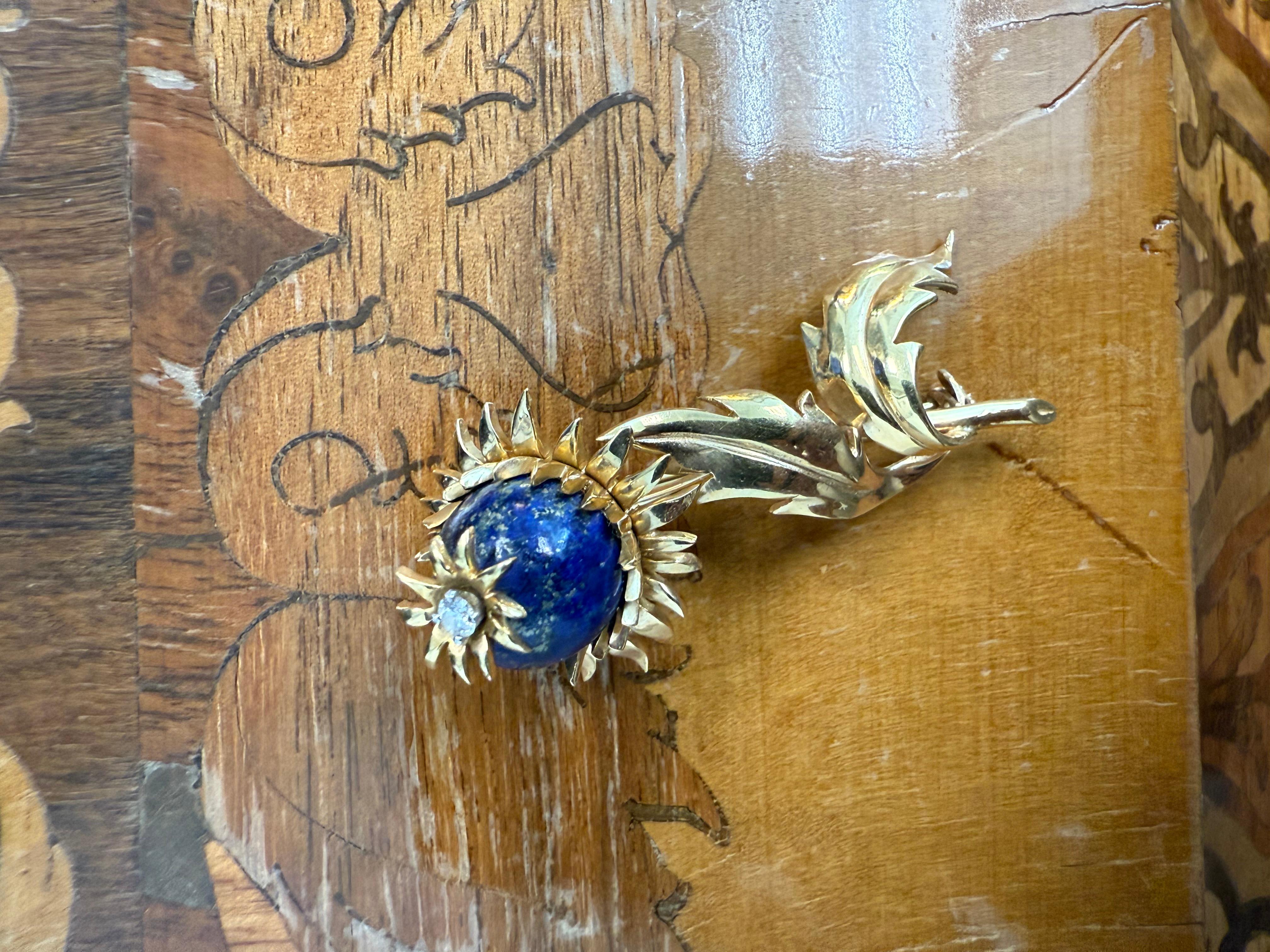 TIFFANY & CO. SCHLUMBERGER 18K Yellow Gold, Diamond & Lapis Thistle Brooch 1970s 2