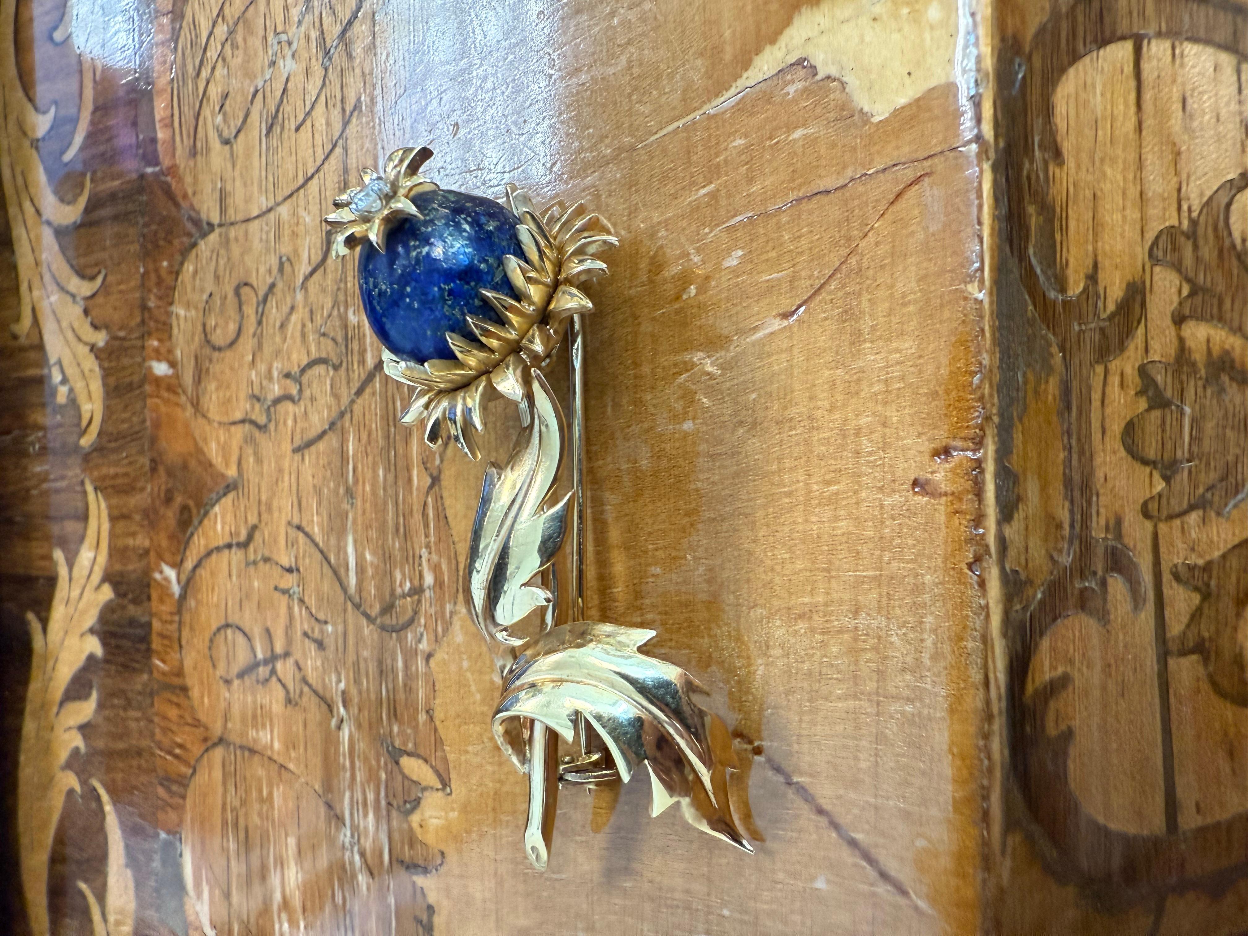 TIFFANY & CO. SCHLUMBERGER 18K Yellow Gold, Diamond & Lapis Thistle Brooch 1970s 4