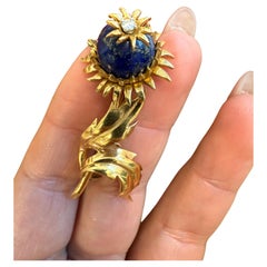 TIFFANY & CO. SCHLUMBERGER 18K Yellow Gold, Diamond & Lapis Thistle Brooch 1970s