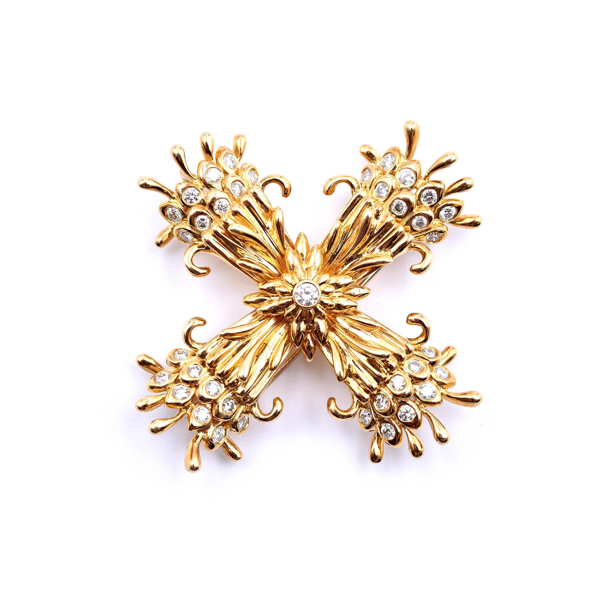 Designer: Tiffany & Co. Schlumberger
Material: 18k yellow gold
Diamonds: 37 round brilliant cut = 1.20cttw
Color: G
Clarity: VS
Dimensions: clip -brooch is approximately 50mm by 51mmm
Weight:  8.07 grams
