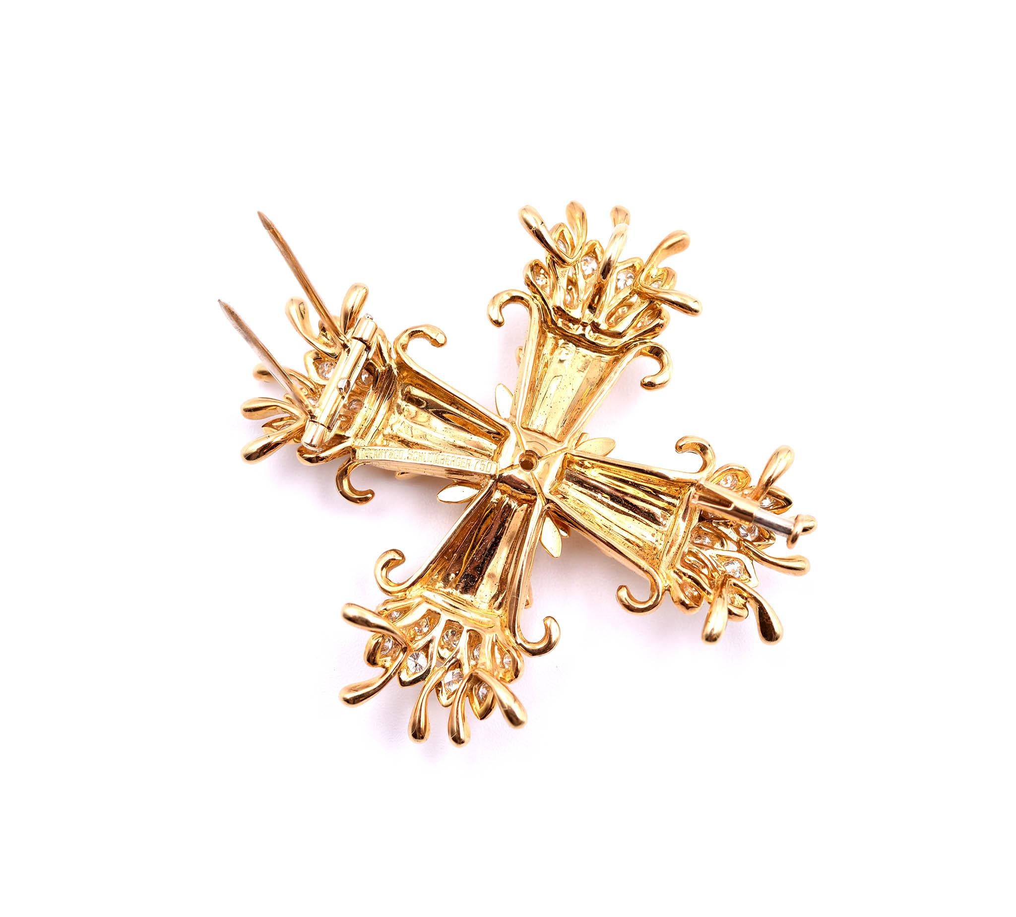 Round Cut Tiffany & Co. Schlumberger 18 Karat Gold Diamond Maltese Cross Clip-Brooch/Pen