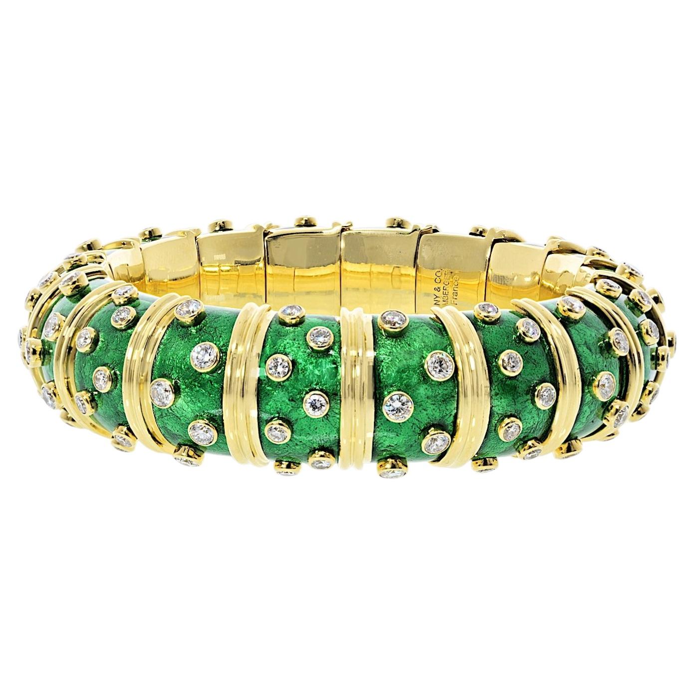 Tiffany & Co. Schlumberger 18K Yellow Gold Green Enamel And Diamond Bracelet