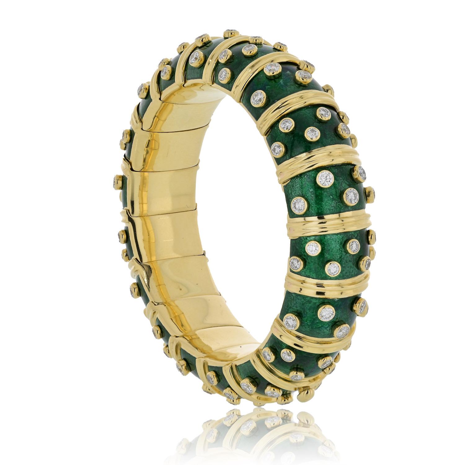 Tiffany & Co. Schlumberger 18 Karat Gelbgold Armband mit grüner Emaille und Diamanten (Moderne) im Angebot