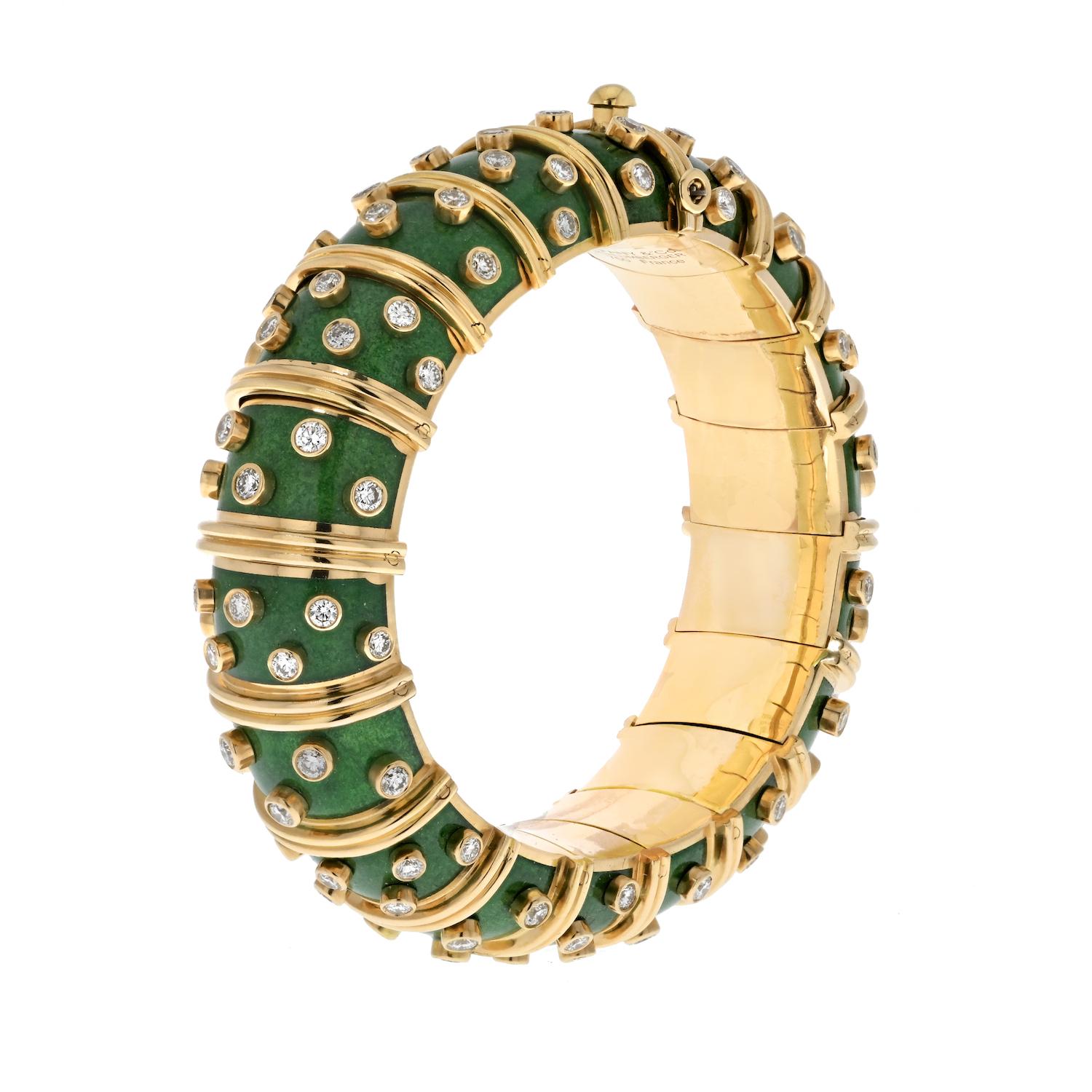 Modern Tiffany & Co. Schlumberger 18K Yellow Gold Green Enamel Diamond Bracelet