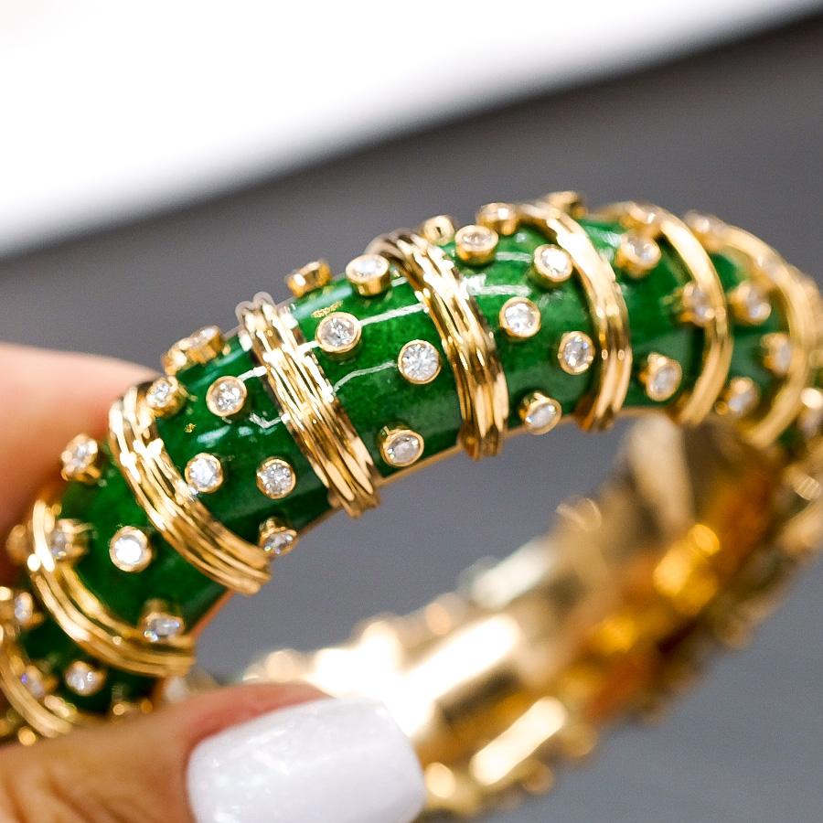 Round Cut Tiffany & Co. Schlumberger 18K Yellow Gold Green Enamel Diamond Bracelet